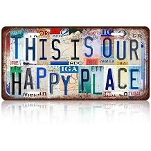 1 PCS Vintage License Plate Wall Decor, THIS IS OUR HAPPY PLACE, Colorful Text Metal Tin Signs,Metals Sign Rustic Metal Wall Art for Home Office Garage Bar Restaurant Living Room Garden