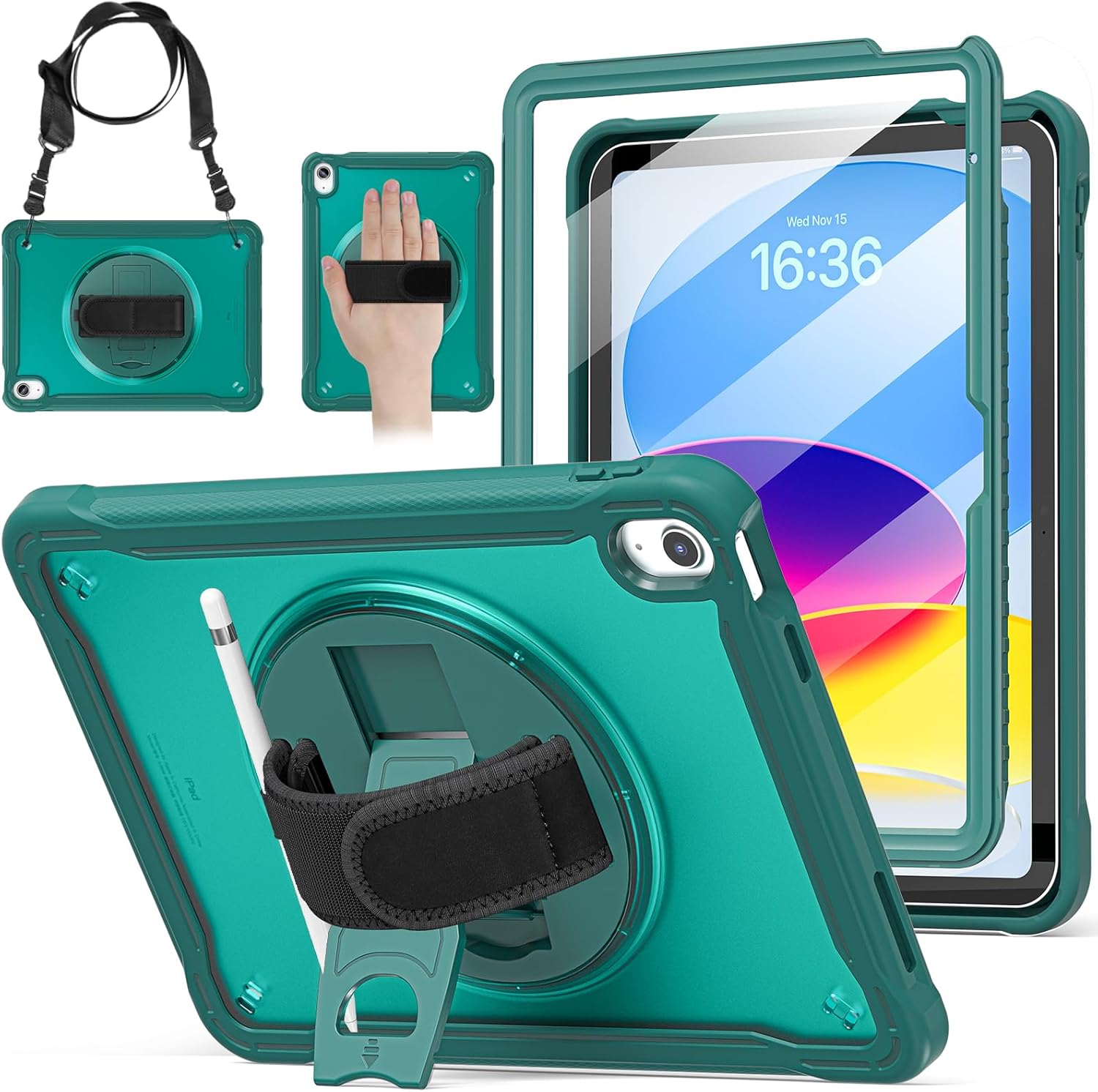 BRAECNstock case for iPad (A16) 11th/10th Generation 11/10.9 inch 2025/2022,Rugged Shockproof Protective Cover with 360° Rotating Hand Strap/Stand,Screen Protector,Pencil Holder,Midnight Green