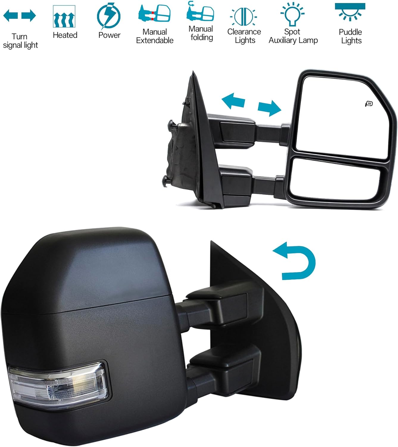 BOOLEE Towing Mirror Driver Left Side fit for 2017 2018 2019 2020 Ford F250 F350 F450 F550 Super Duty Turn Signal Light Heated Power Auxiliary Light Black Housing Tow Mirror