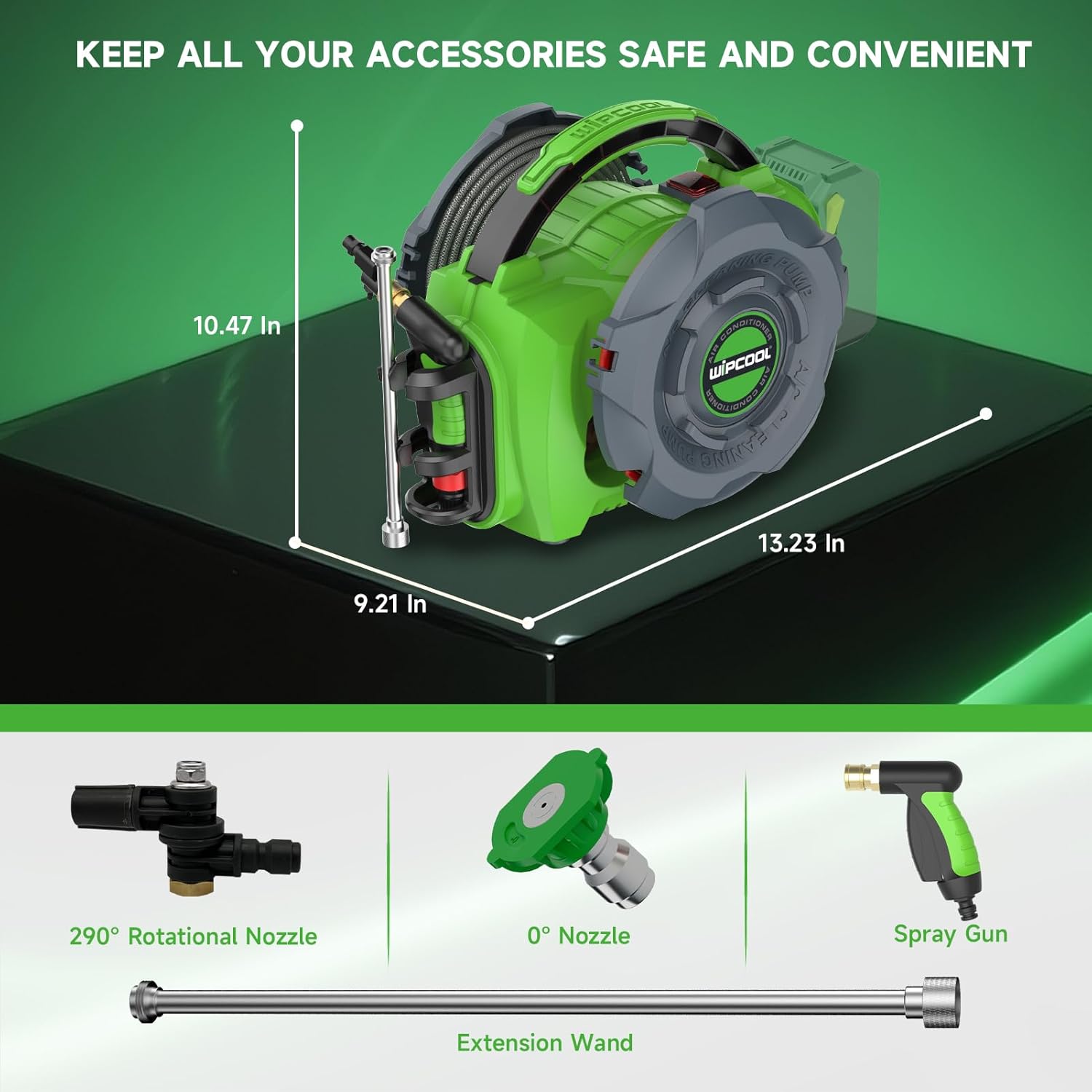 Included accessories: 290° rotational nozzle, 0° nozzle, spray gun, and 37cm extension wand.