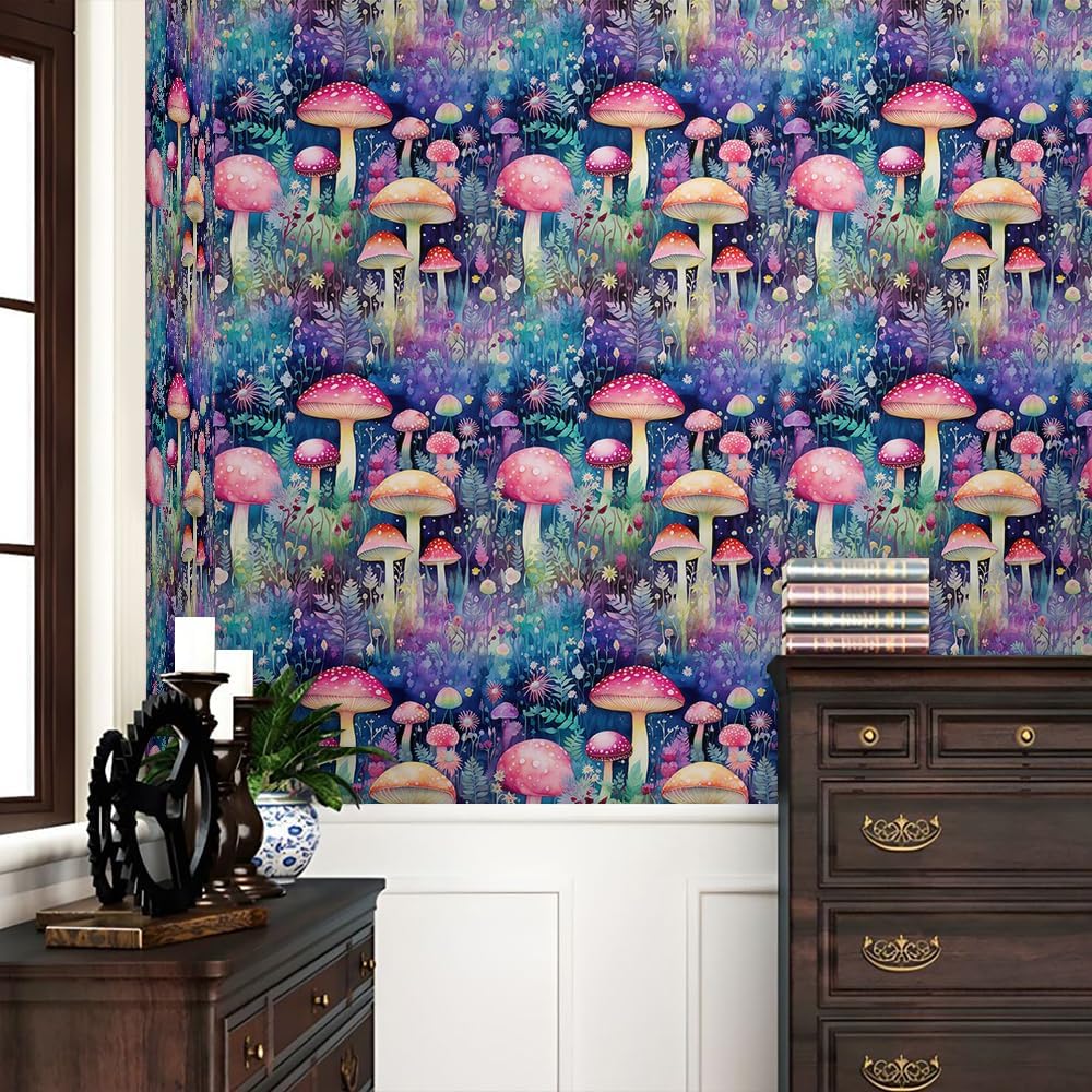 REDAMANCY 17.7"x236" Dreamy Colorful Mushroom Herb Peel and Stick Wallpaper Modern Cute Wall Paper Stick on Contact Paper Easy Peel Off for Bedroom nightstand Drawer Renter Friendly