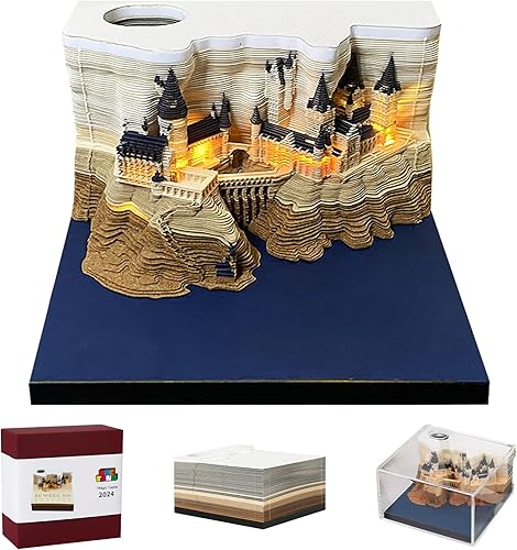 MACTANO Calendario de arte 3D, bloc de notas 2024, calendario creativo de piezas de tiempo, castillo mágico, rasga, tallado en papel, nota adhesiva