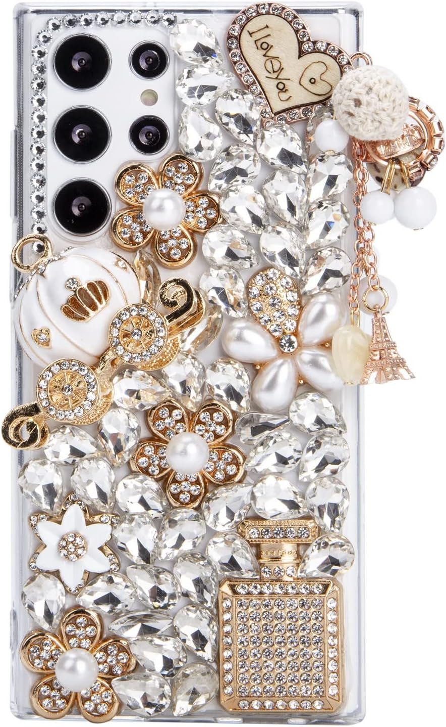iFiLOVE Galaxy S22 Ultra Bling Case, 3D Luxury Glitter Diamond Crystal Rhinestone Pumpkin Car Pendant Cover (Clear)