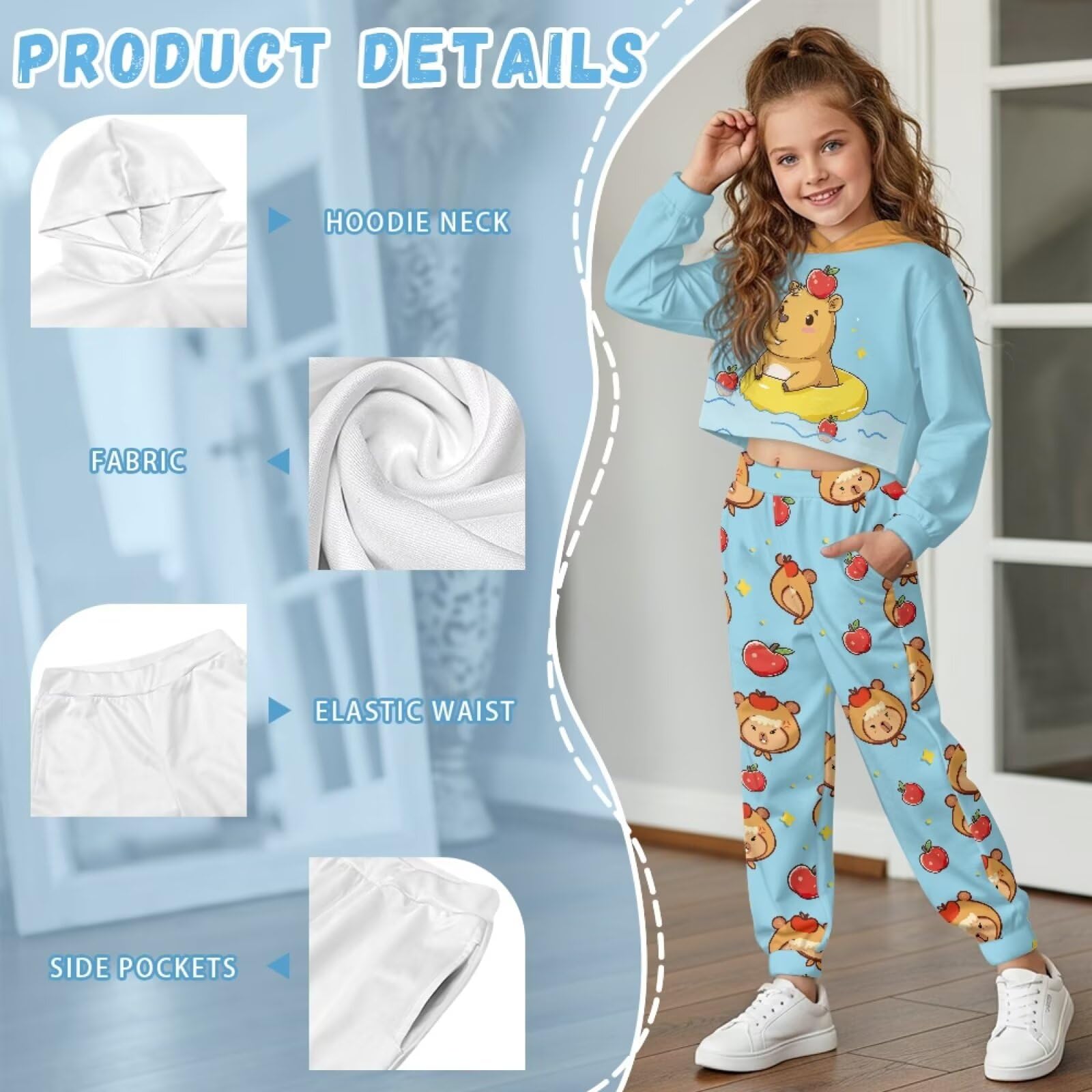 Tuta attiva da ragazza 2 pezzi con felpa e pantaloni Set tuta da ragazza Set di abbigliamento per bambini Crop con cappuccio
