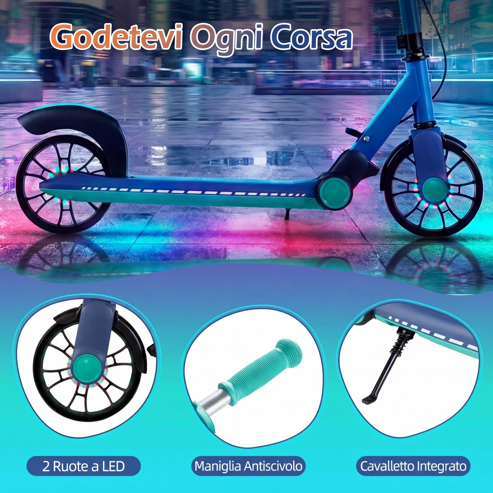 COSTWAY Monopattino Pieghevole con 2 Ruote Luminescenti, Manubrio Regolabile su 3 Altezze, Freno Posteriore, Cavalletto, Telaio in Alluminio Leggero e Pedana Antiscivolo, per Adulti e Bambini