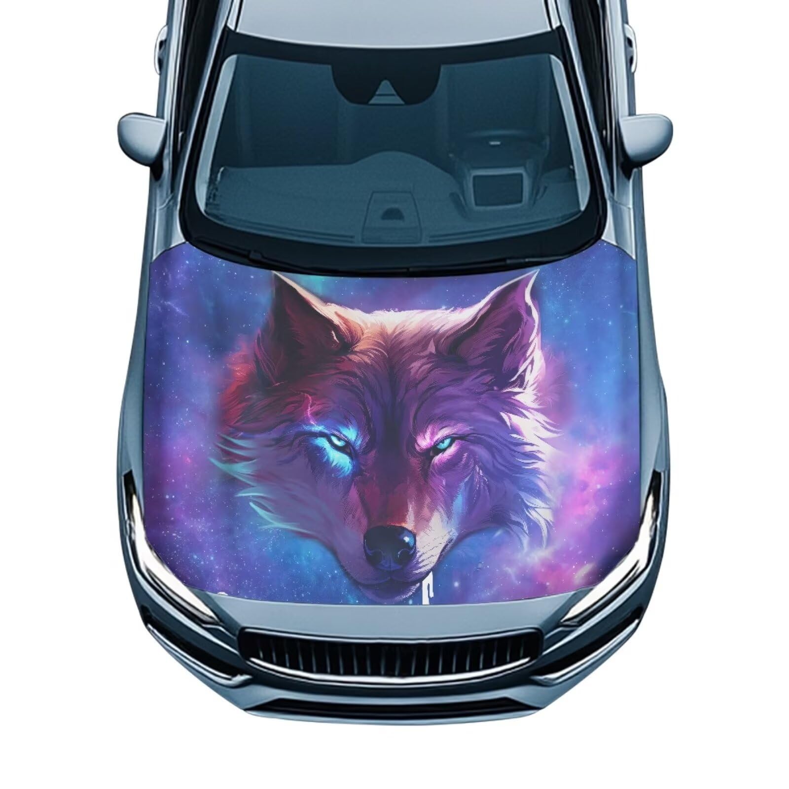 Blue Wolf Car Hood Cover Slip-On Washable Elastic Weatherproof Fabric Elastic Band Fixation Fits Most Cars