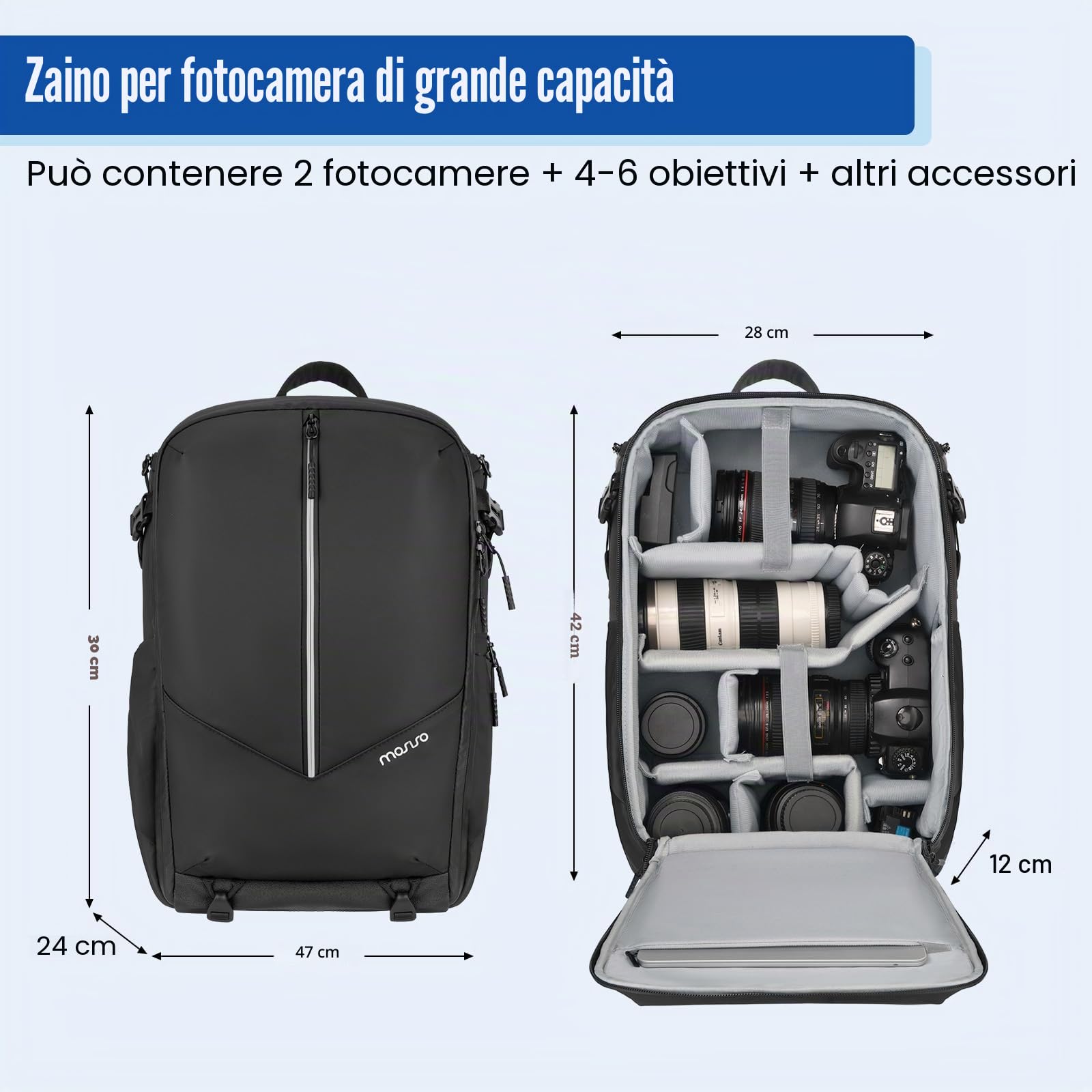 MOSISO Zaino Fotografico Impermeabile,Grande Borsa Fotografica DSLR/SLR | Mirrorless,Zaino Fotografico Rain Cover,Scomparto Laptop 16 pollici,Supporto Tripod Tasca Verticale Front Canon/Sony, Nero
