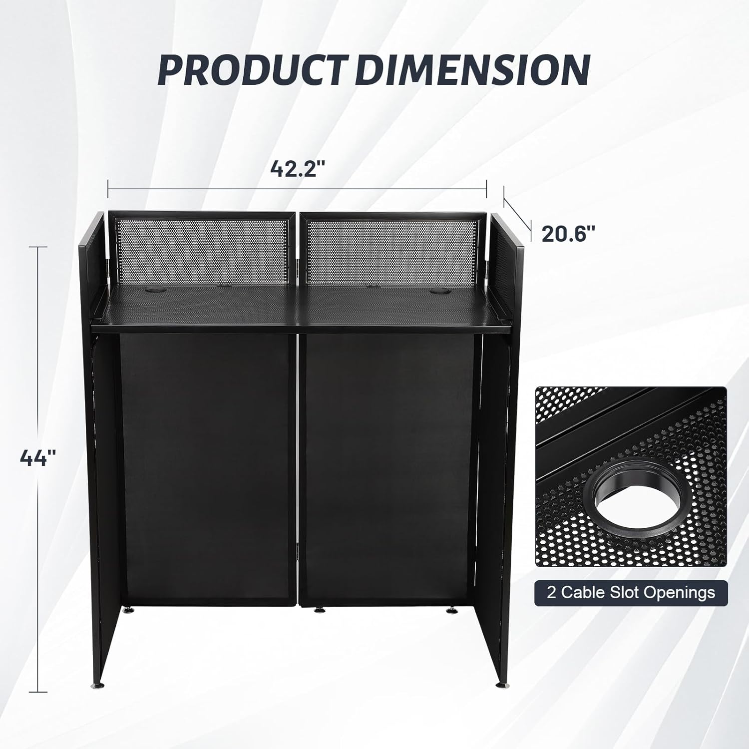 Portable DJ Booth Table Station 44"x42.2"x20.6", Foldable Metal Frame DJ Facade with Black & White Scrims, Detachable 40"x20" DJ Table, Adjustable Height, Carry Bag for Show, Party, Wedding, Events