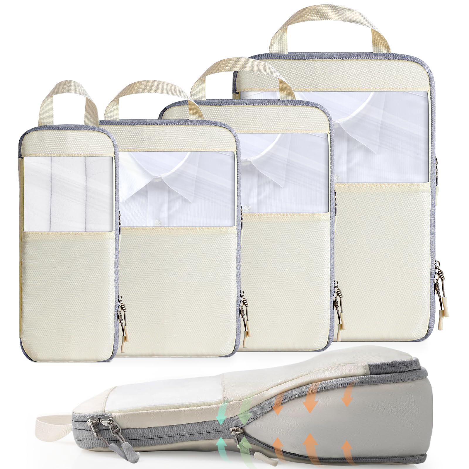 Cozary Organizer Valigia - Set di Packing Cubes con Compressione e Tessuto in Poliestere Impermeabile, Set Intimo da Viaggio per Zaini o Bagagli a Mano, Perfetto per Viaggi e Campeggio - Beige