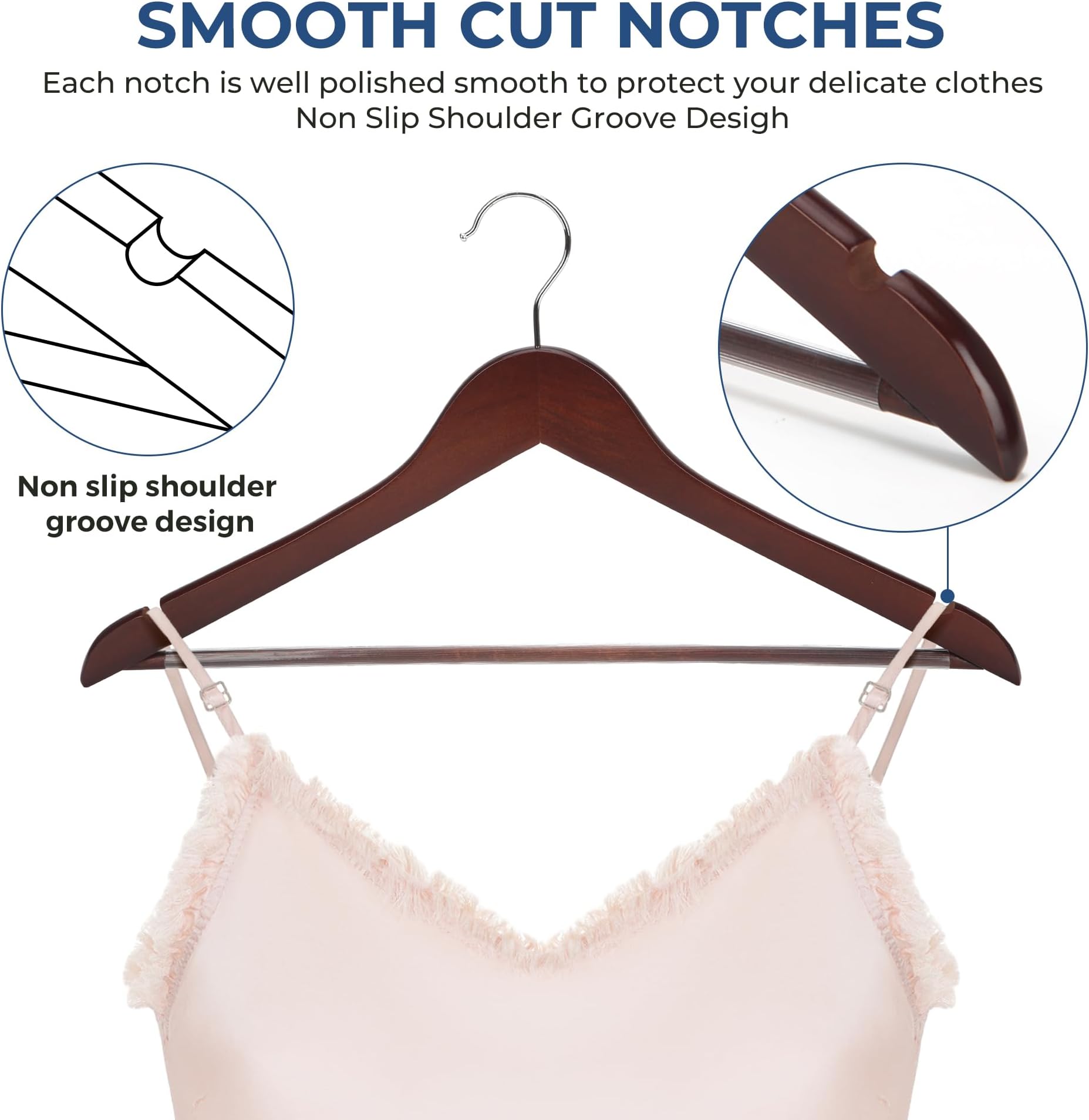 JS HANGER Multifunctional High Grade Solid Wooden Suit Hangers, Coat Hangers, Walnut Finish, 20-Pack