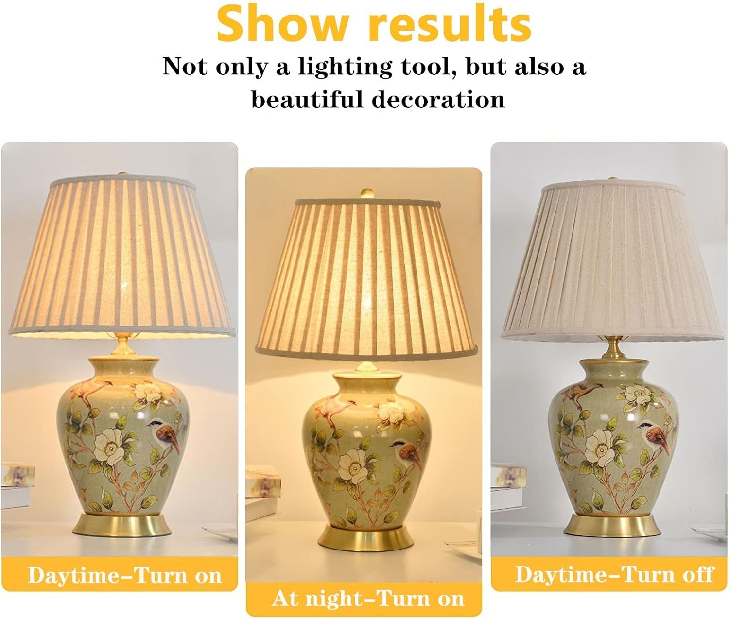 American Flower and Bird Ceramic Table Lamp, Hand-Painted Chinoiserie Lamp, Fabric Lampshade Nightstand Lamp for Bedroom Living Room Office College Bookcase LED Bulbs Included