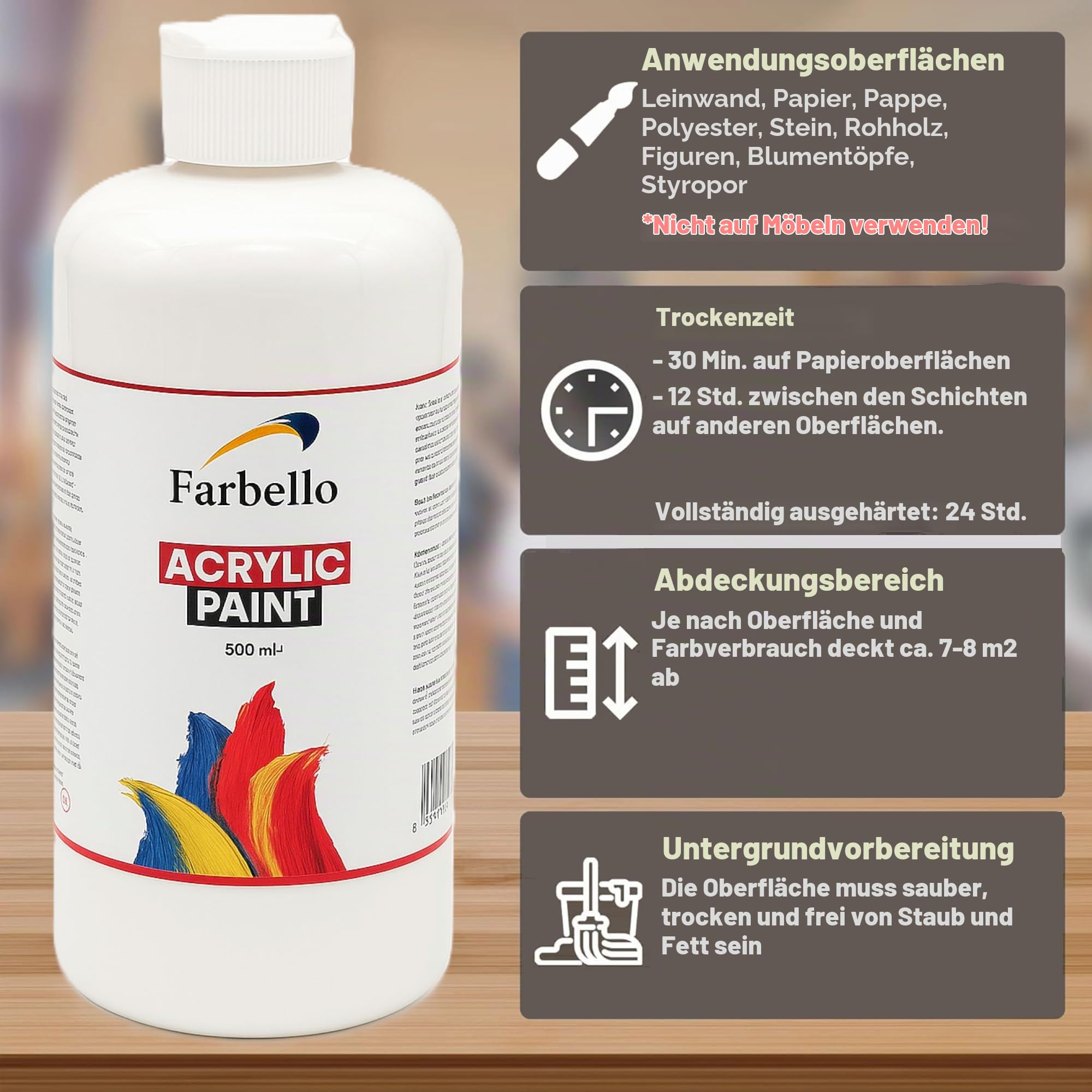 Acrylfarben Set 500 ml je Farbe – Hochpigmentiert, wasserbasiert & wasserfest – Profi Künstlerbedarf für Leinwand, Holz, Stoff & Stein – Acryl-Pouring (12 Farben)