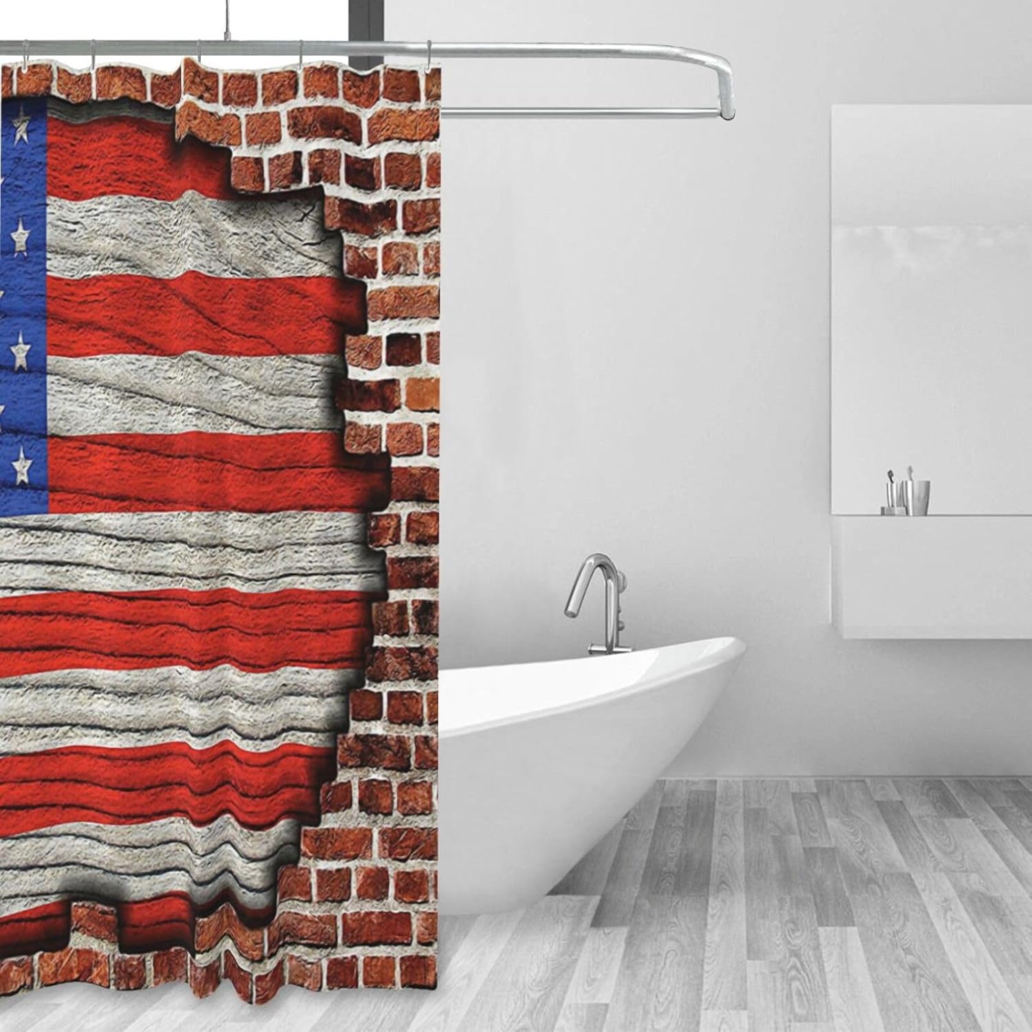 Flag Shower Curtain, American Flag On Old Brick Wall Texture Shower Curtains for Bathroom Decor with 12 Hooks, Red, 66x72 Inch