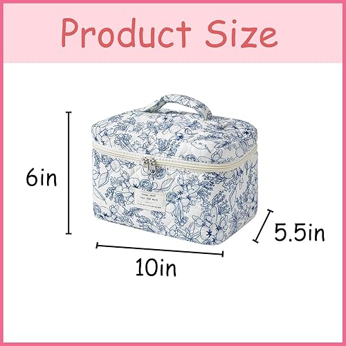 Miniatura 2 de uekeboag Bolsa de maquillaje acolchada de viaje grande para mujer, bolsa de cosméticos de algodón floral, bolsa organizadora de artículos de tocador