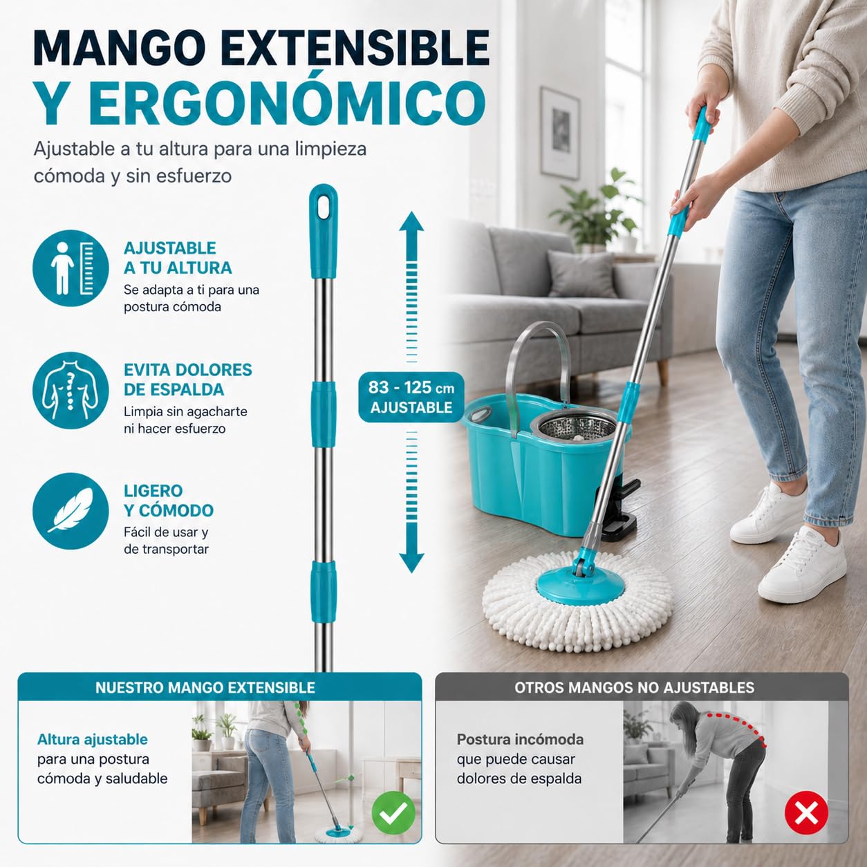TIENDA EURASIA – Cubo Fregona Centrífugo con Mopa Giratoria 360º | con Escurridor | Mango Extensible | Tapón de Vaciado | Plástico PP y Acero Inoxidable | Azul Turquesa (Pedal - 12L - 25.5x47x23 cm)