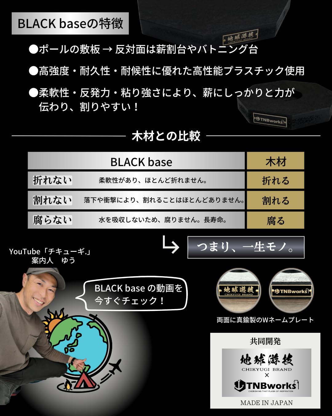 TNBworks 薪割り台 雪中ポール敷板 焚火 雪中キャンプ用 ポール敷板 BLACK base 薪割り台 バトニング