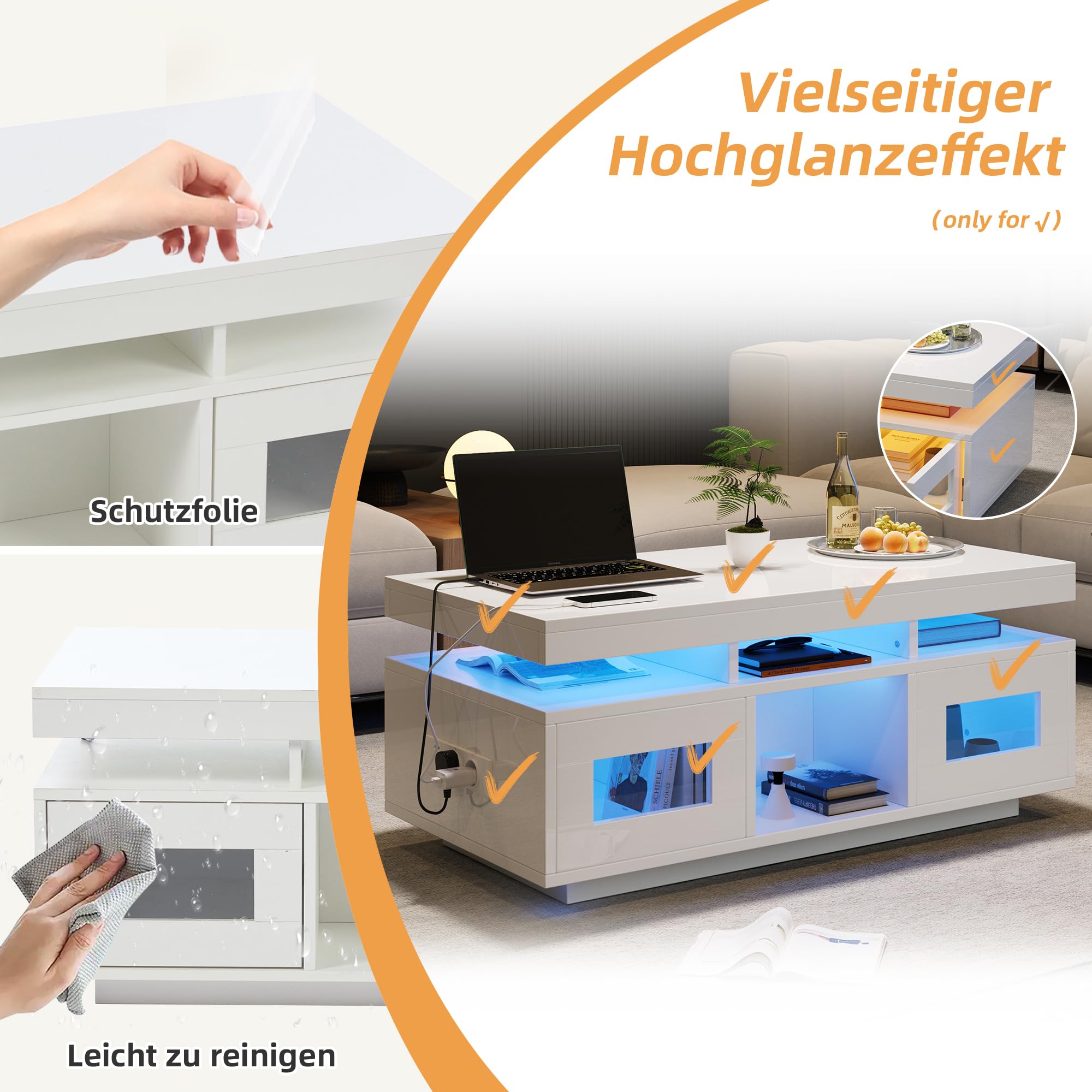 Merax Couchtisch Weiß, Wohnzimmertisch Hochglanz mit LED Beleuchtung, Beistelltisch Kaffeetisch mit Schrank & Offene Staufächer, Sofatisch mit Ladeanschluss, Rechteckiger Mitteltisch, 100×50×43cm