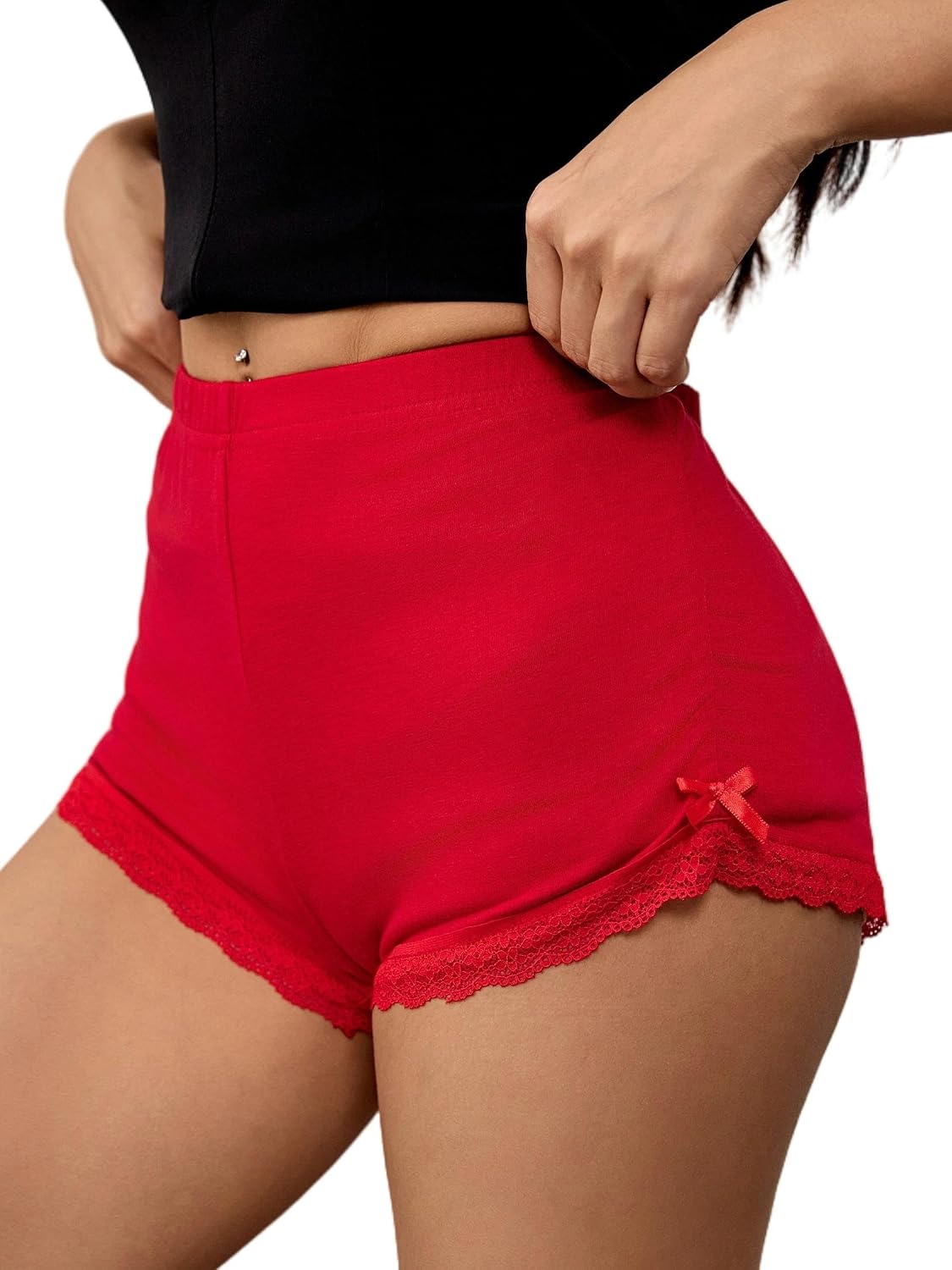 Women's Pajama Shorts Sexy Lace Trim Sleep Bottoms Ruched Cheeky Lounge Shorts with Bow Decor