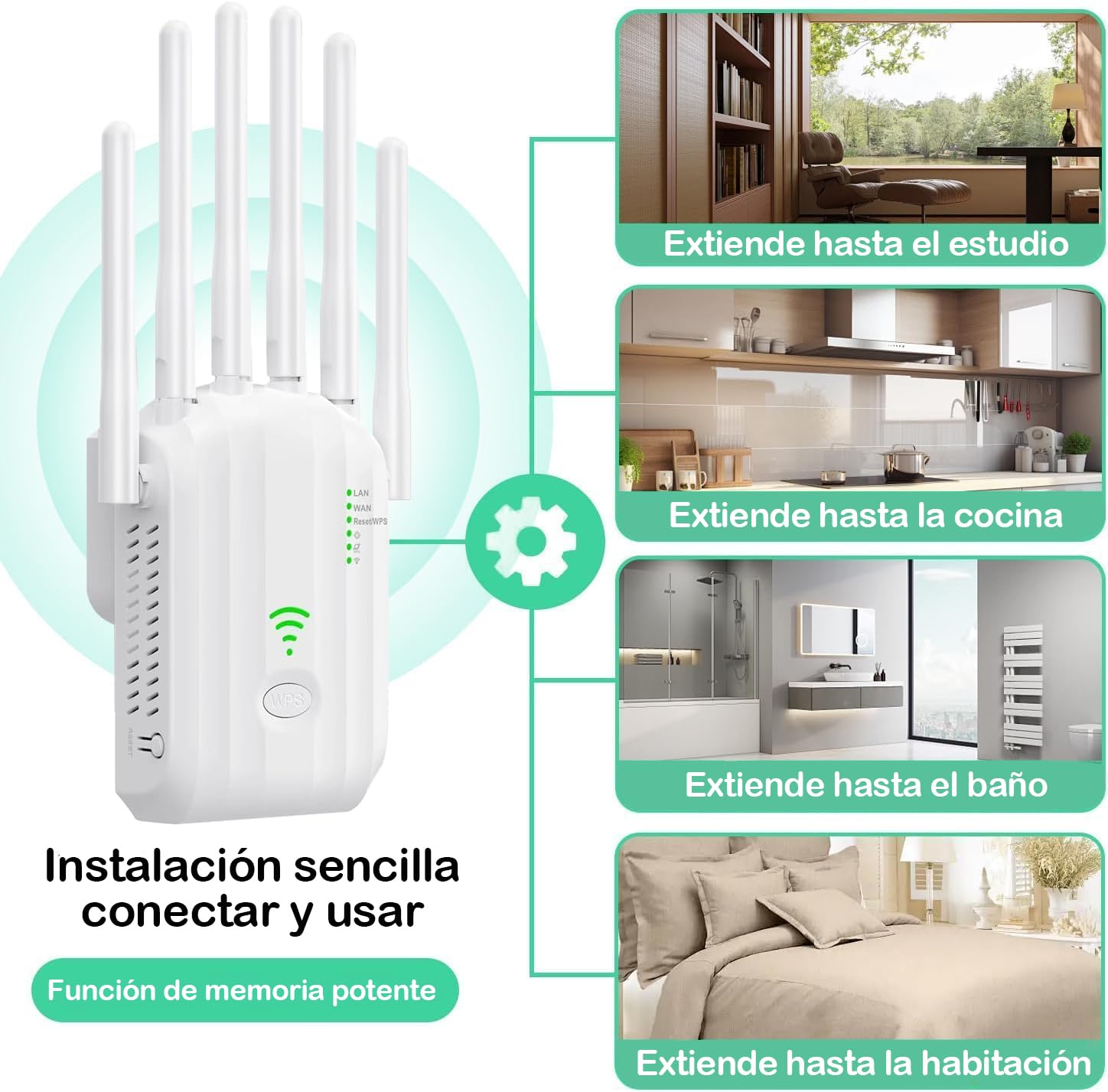 Repetidor WiFi Potente con 6 Antenas, Amplificador Señal WiFi Largo Alcance, 2 Puertos LAN, Extensor WiFi, Repetidor/Router/Ap Modos, Cobertura de hasta 300 m², para hogar y Oficina — view 6