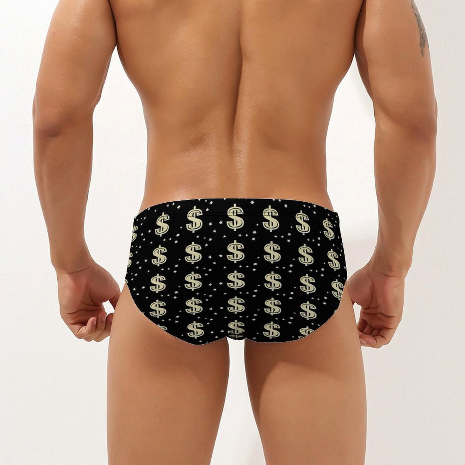 Money Symbol Print Mens Swim Briefs Bikini Swimwear Print Beach Shorts Sexy Swimsuit 3XL