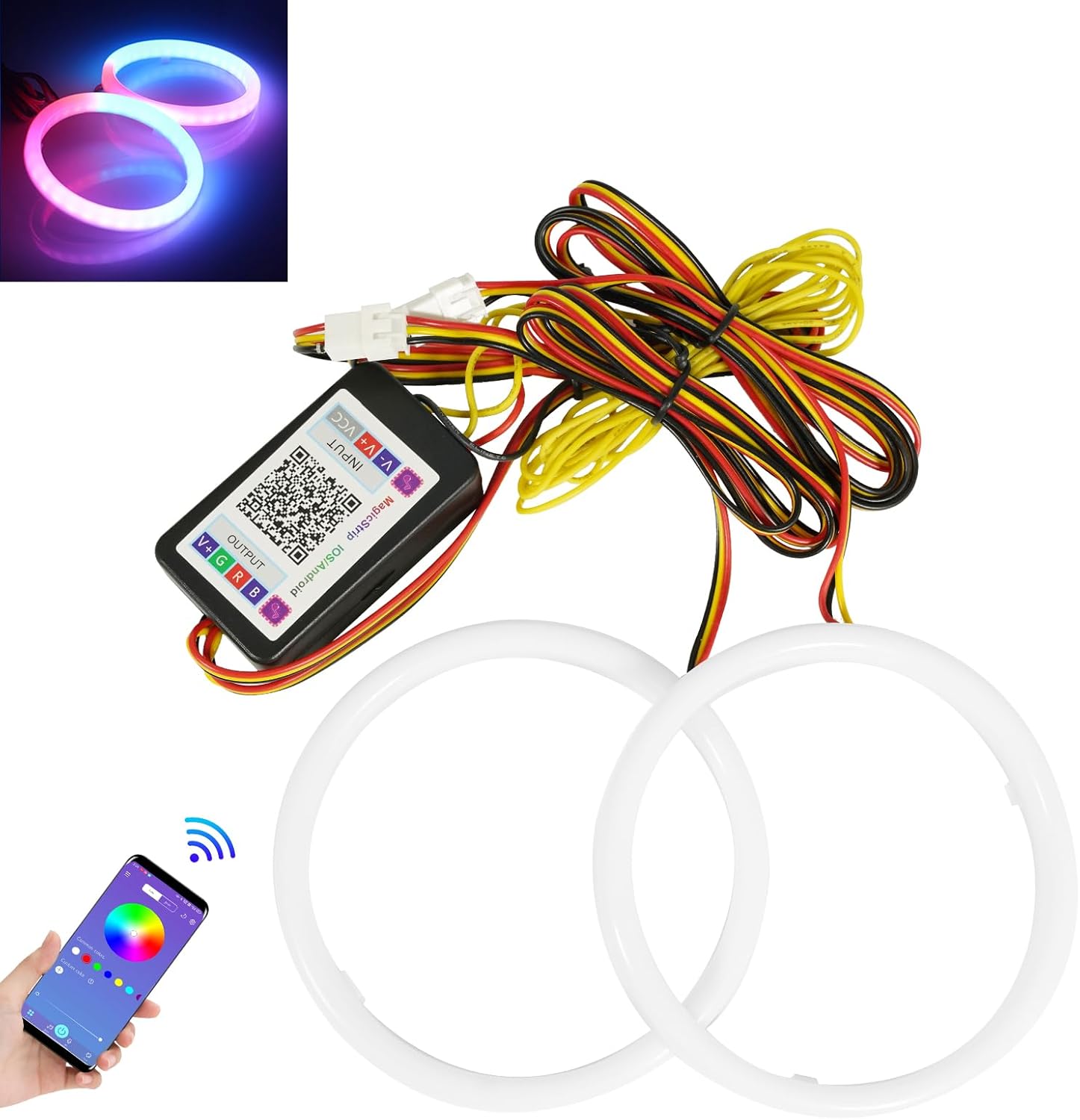 Qasim Angel Eyes Halo Rings Cotton Lights 12V 80MM RGB LED Universal for Car Scooter Motorcycle DRL with Turn Signal Function APP Bluetooth Control Multi-Color 2-Pack
