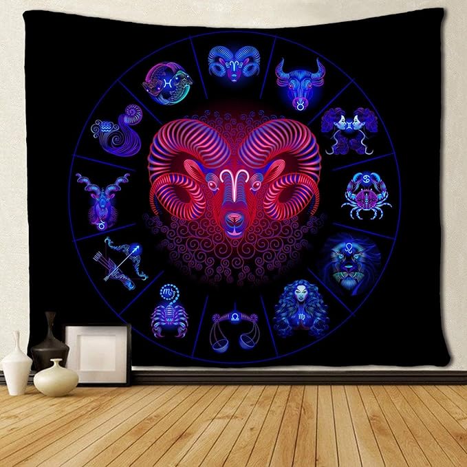 SARA NELL Aries Wall Tapestry Aries Tapestries Hippie Art Wall Hanging Throw 50X60 Inches for Bedroom Living Room Dorm Room - Black and Blue Zodiac
