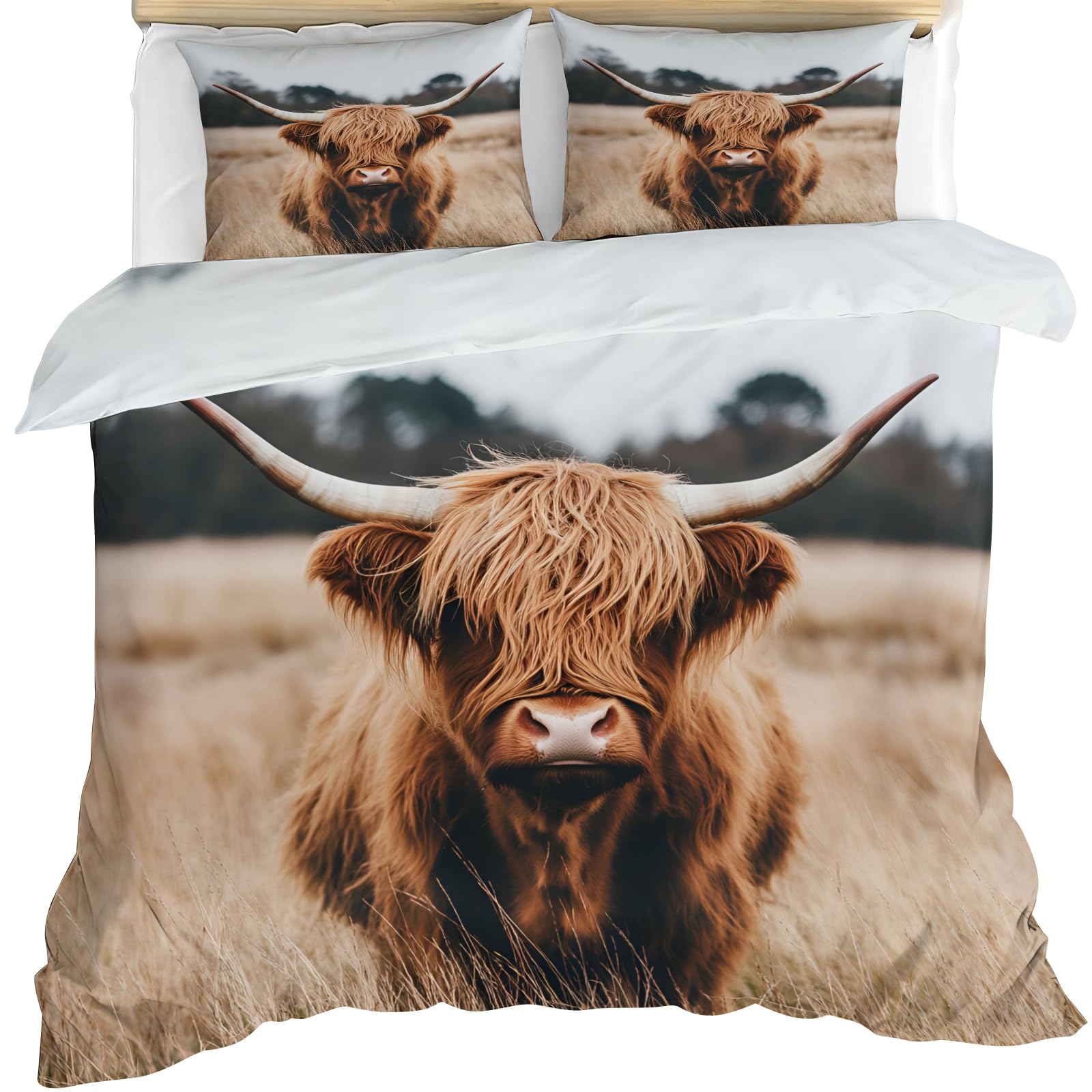 YEMYOR Highland Cow Comforter Cover, Highland Cattle Duvet Cover King 230x220 cm, Wildlife Animal Bedding Set with 2 Pillowcases