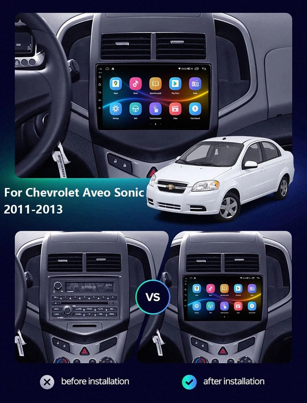 Radio Macchina Touch Screen per Chevrolet Aveo Sonic 2011-2013 Wireless Carplay Android Auto Stereo Auto Bluetooth Ips con Pantalla Táctil con Gps, 8 Nucleo 8G+256G