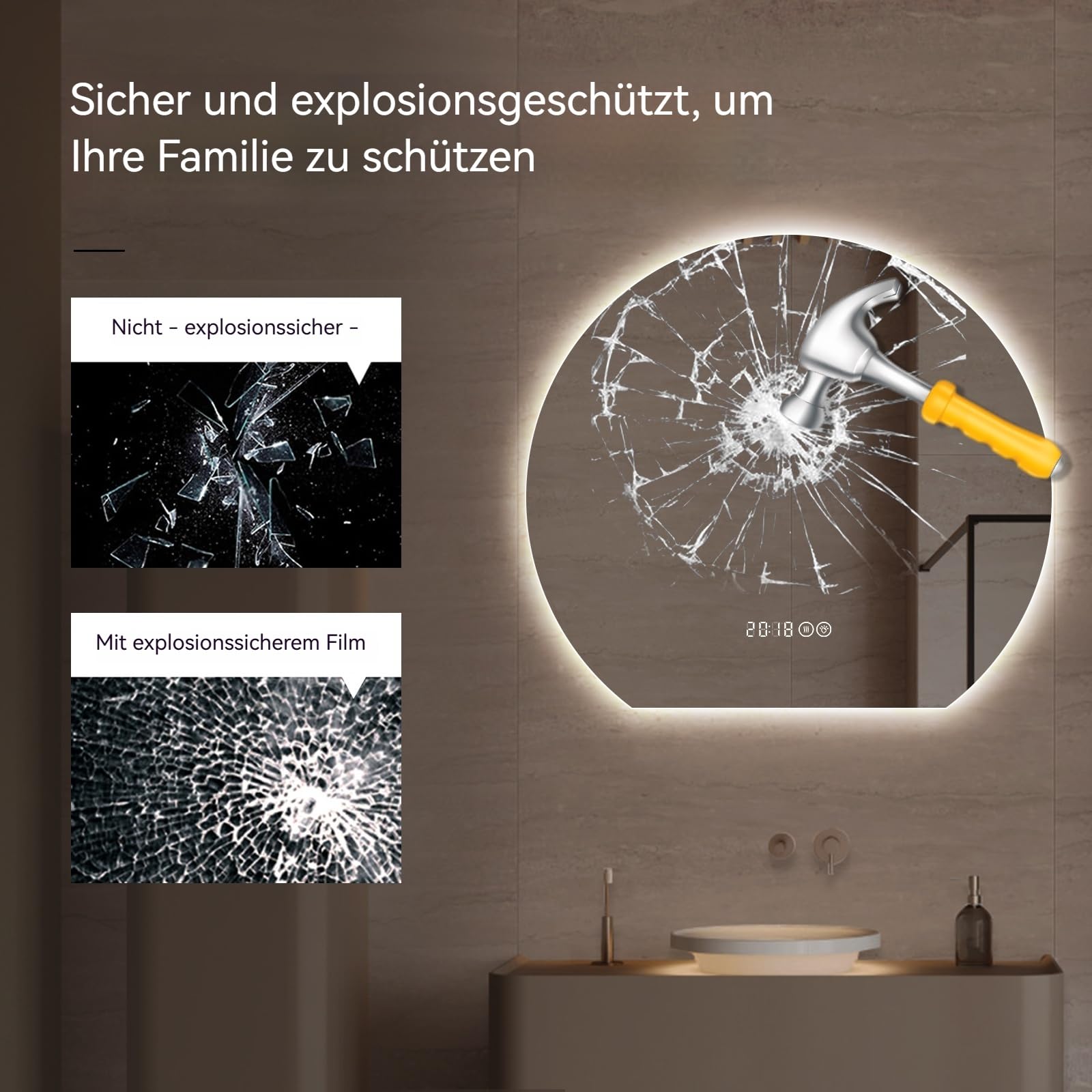 Gecheer LED-Badezimmerspiegel, 80 cm Durchmesser, integrierte Beleuchtung, dimmbar, 3 Farben (3000/4000/6000K), beschlagfrei, rund, für Make-up, Rasur, für Moderne Badezimmer, Schlafzimmer