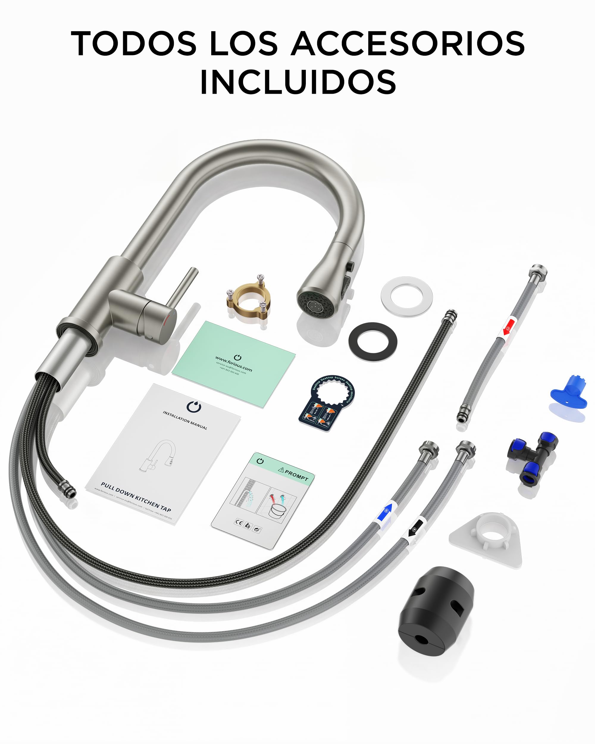 FORIOUS Grifo Cocina Extraíble Baja Presión, 2 Modos de Agua, Grifo Cocina Fregadero con 3 Conexiones para Calentador o Bajo Fregadero, Giro 360°, Acero Inoxidable, Palanca