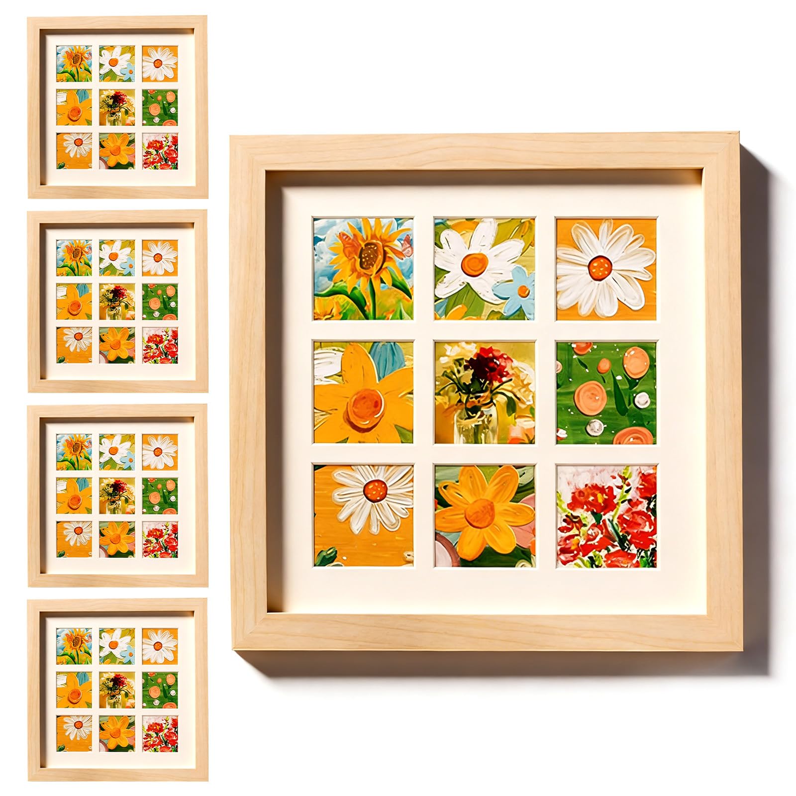 Rthynti Beige 5 Pcs Photo Frames, 10.2X10.2cm Natural Wood Color Square Picture Frames, Small Photo Frame With Backing Board Cardboard Insert Acrylic Sheet For Wall Mount Desk Stand(4 Inch)