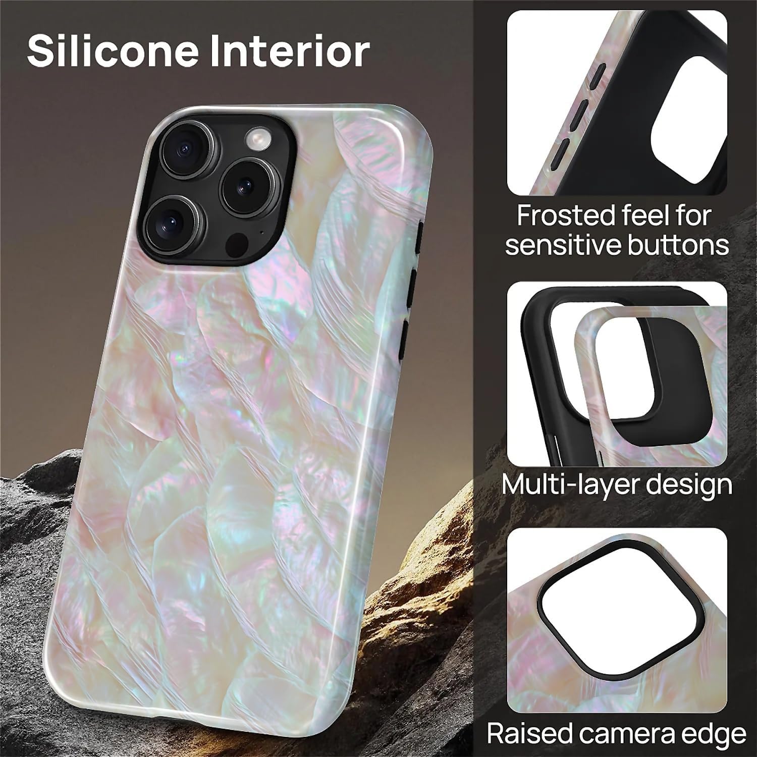 Magnetic Case for iPhone 16 Pro,Compatible with MagSafe Mother of Pearl Shell Style Design Hybrid Dual Protection Silicone + Hard PC Shockproof Full Body Cover Case for Men Women - Image 3