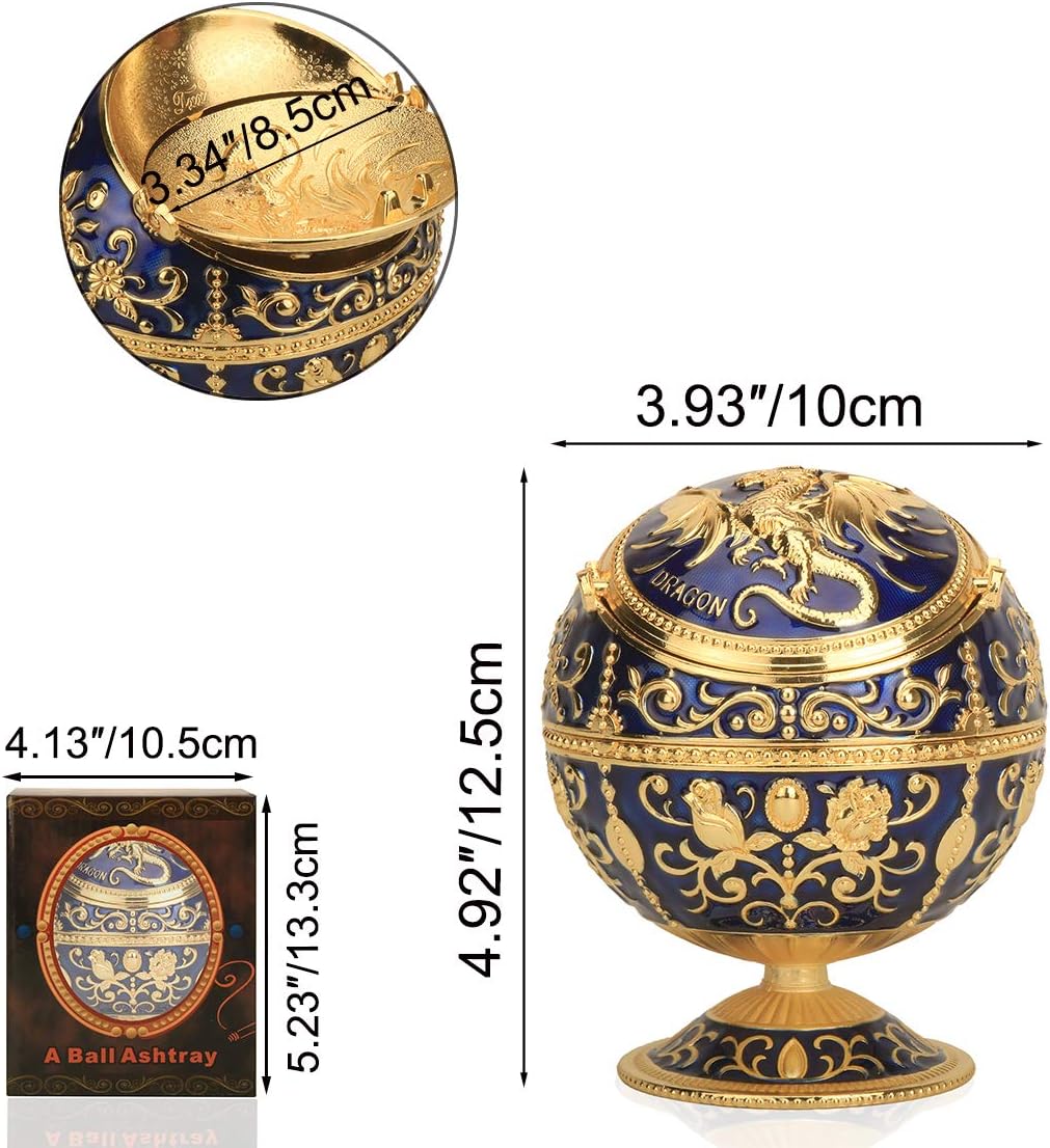 K COOL Pterosaur Windproof Ashtray with Flip Lid for Cigarette Metal Portable Smoking Tobacco Ashtray Indoor Outdoor, Handicrafts Rose Pattern Classy Gift for Women Men (Navy Blue-Golden) image 3