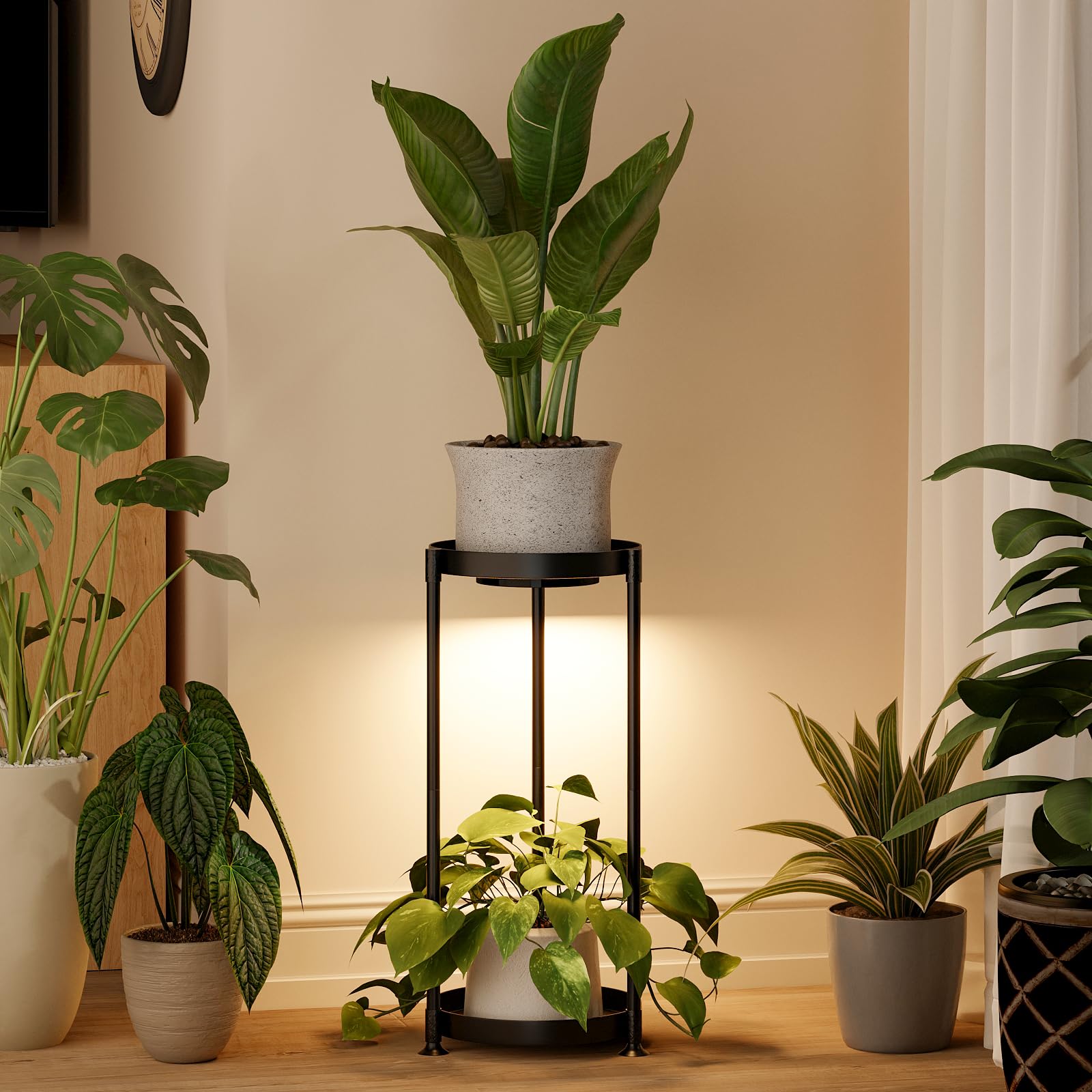 Bamworld Plant Stand Indoor 2 Tier Metal Plant Stand with Grow Lights for Multiple Plants Iron Plant Round Supports Rack for Garden Patio Living Room Corner Balcony
