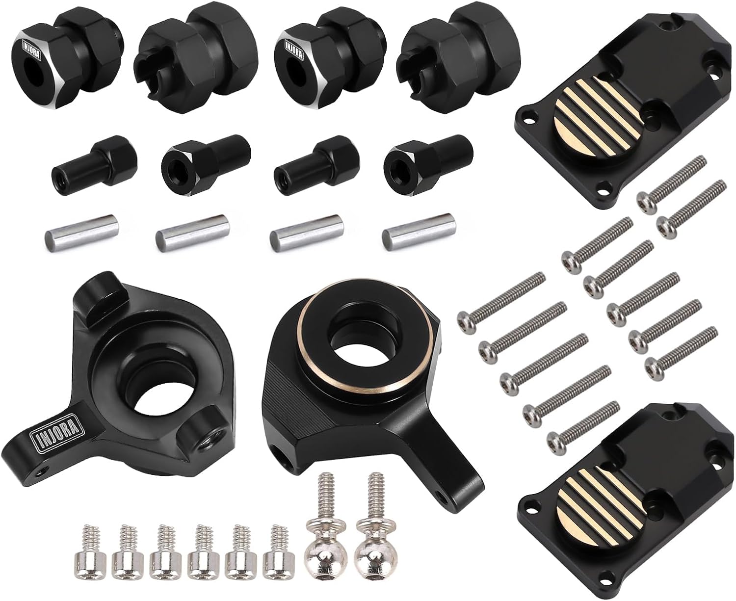 INJORA RC Brass Upgrades Diff Cover, Steering Knuckle and RC Hex Extension kit for Axial SCX24 AXI90081 Upgrades Parts 1/24 RC Crawler Car Accessories,Black