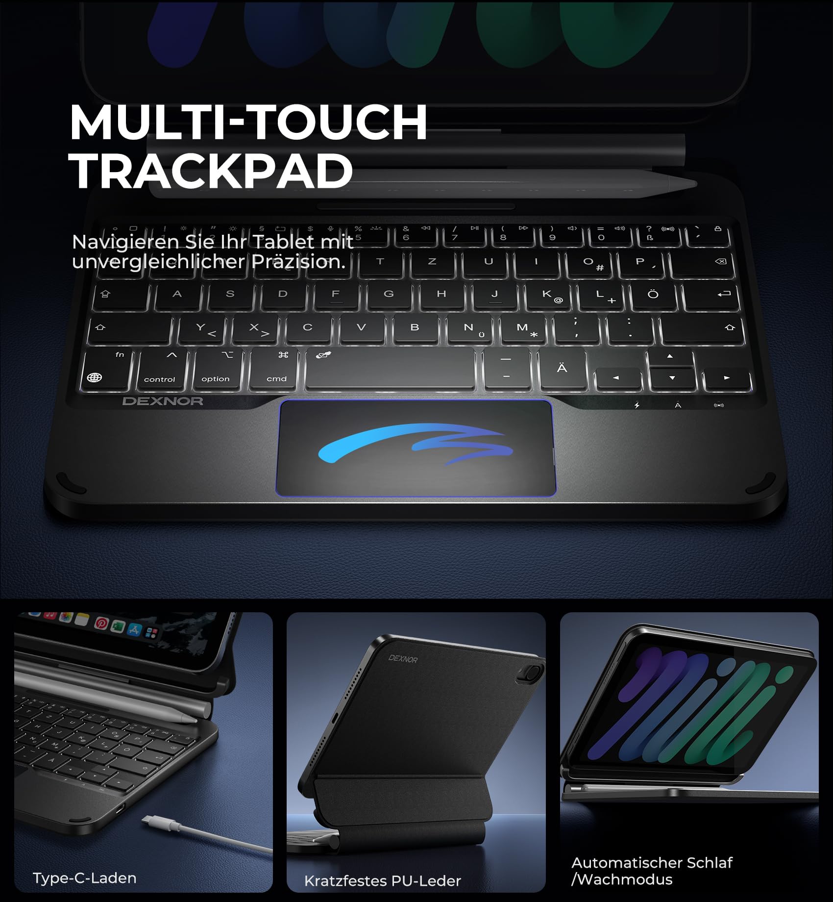 Dexnor Tastatur Hülle für iPad mini 6/7, Magnetische Schwimmender Cantilever-Ständer mit Trackpad Stifthalter Hintergrundbeleuchtung für iPad mini 7/6 Generation 8,3 Zoll 2024/2021 QWERTZ, Schwarz