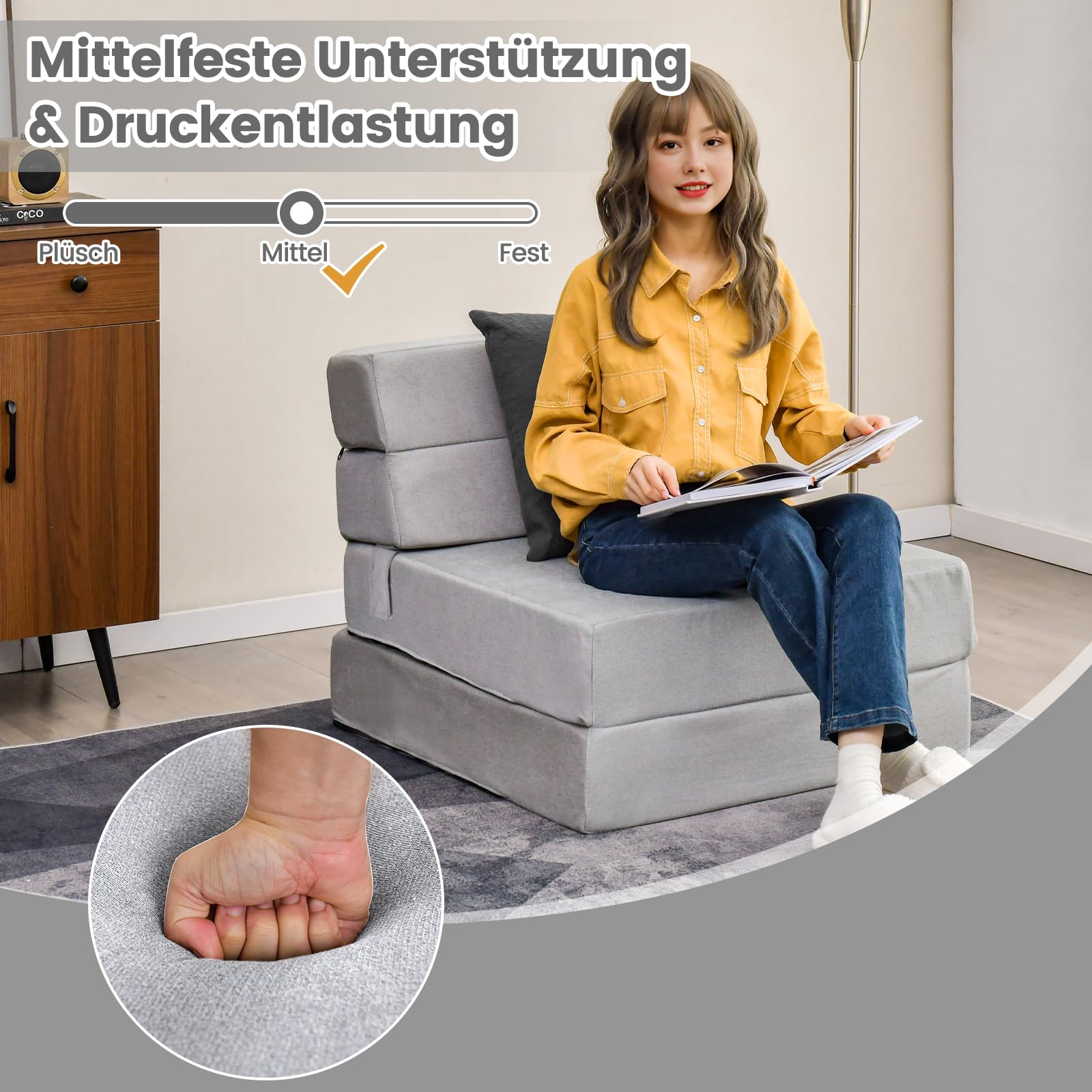 COSTWAY Składana sofa do spania 3 w 1, materac składany, pianka bardzo gruba (15 cm), sofa-łóżko, materac podłogowy, składany materac, materac dla gości ze zdejmowaną i nadającą się do prania poszewką