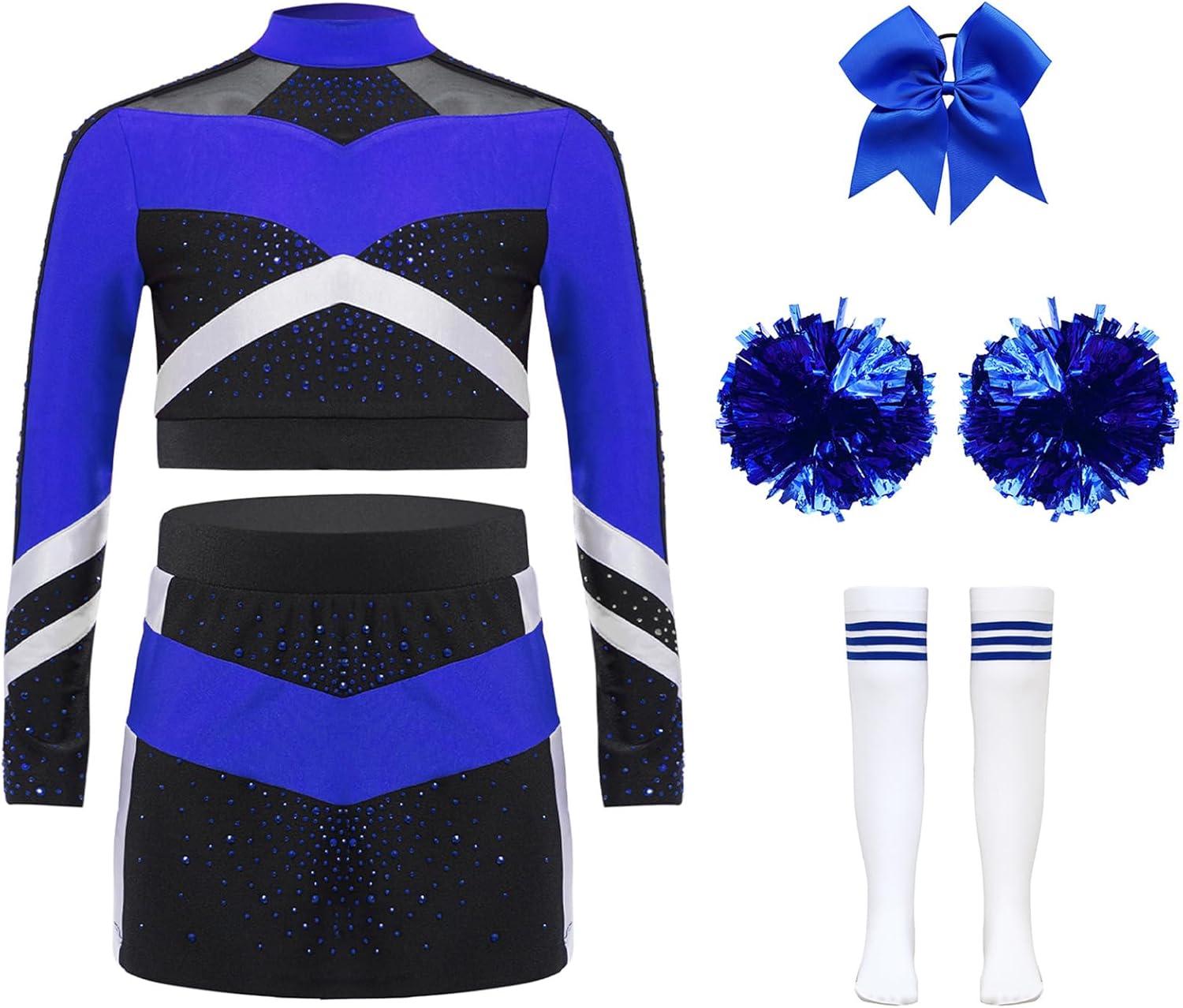 Cheer Costume for Girls Cheerleading Outfit Themed Party Halloween Top with Skirt Headband Socks Pom-pom Blue 6 Years