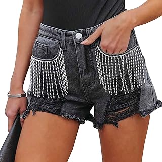 Women Denim Short Mid Waist Frayed Raw Hem Rippped Rhinestone Tassel Jean Short