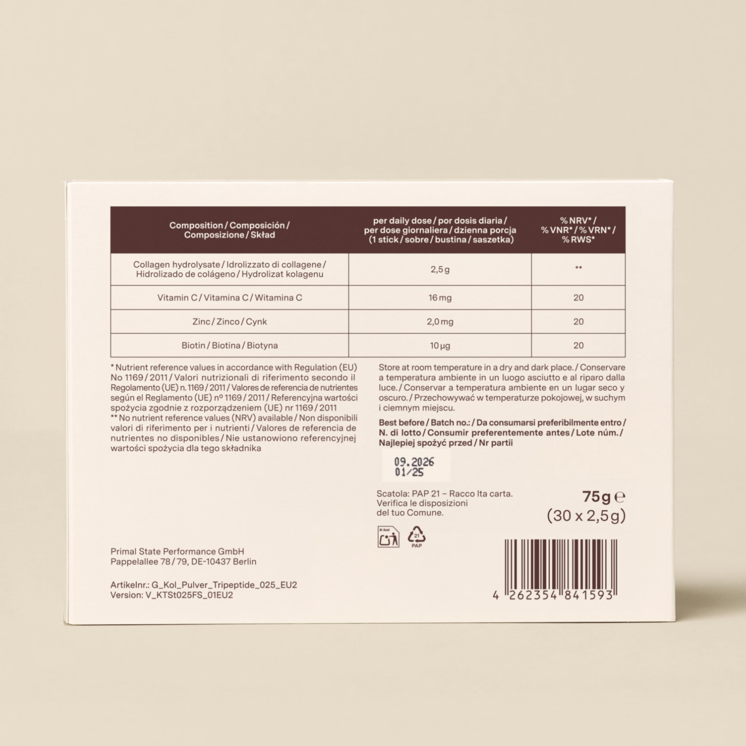 Glow25® Collagen Intensive – Tripeptidi, vitamina C, zinco, biotina | Collagene marino idrolizzato premium con tripeptidi, vitamina C, zinco, biotina – Peptidi di tipo I e III