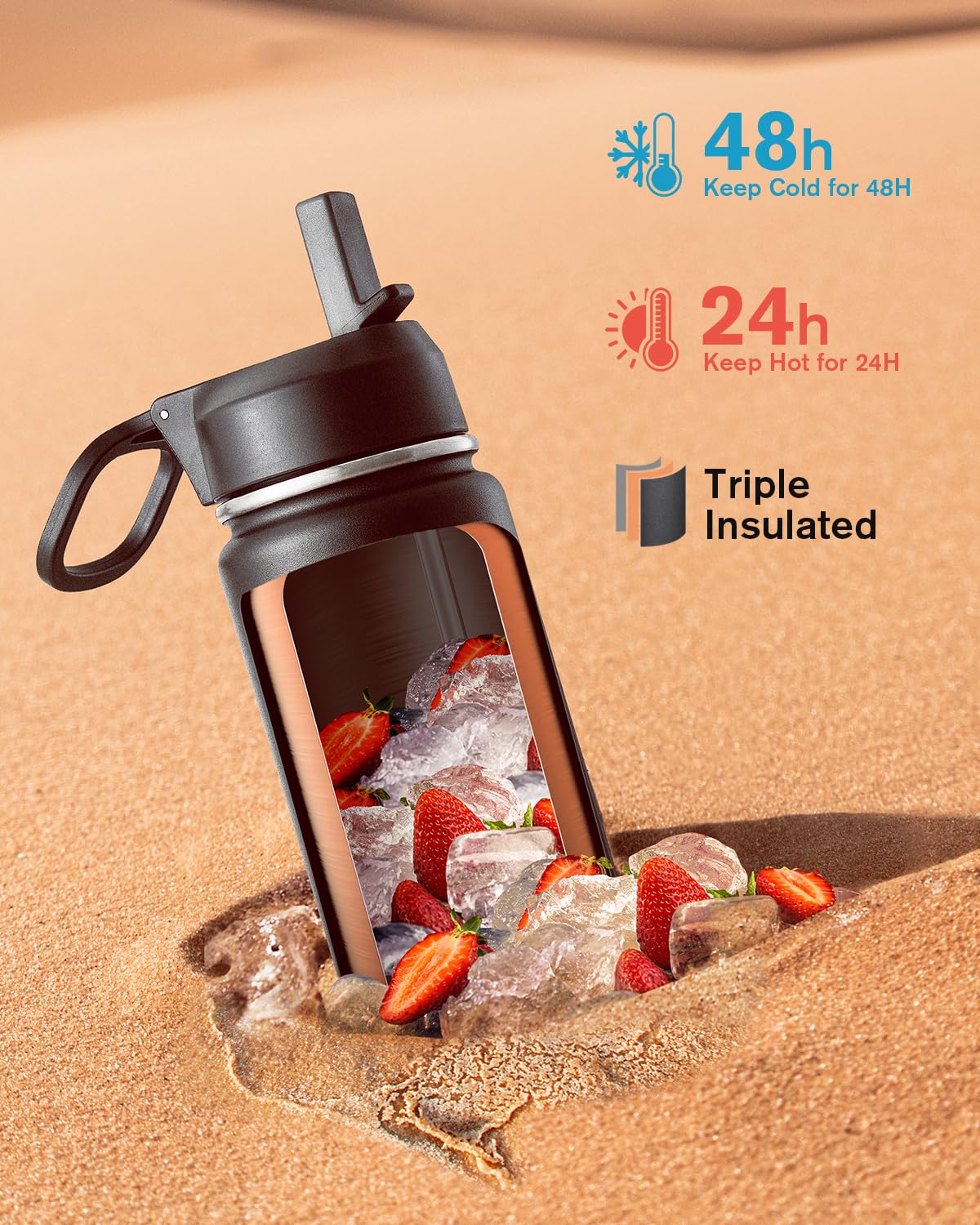 Coolflask Borraccia termica da 590 ml, con cannuccia, in acciaio inox, con 3 coperchi, imboccatura larga, per sport o ufficio, senza BPA, mantiene il freddo fino a 48 ore o caldo fino a 24 ore, colore