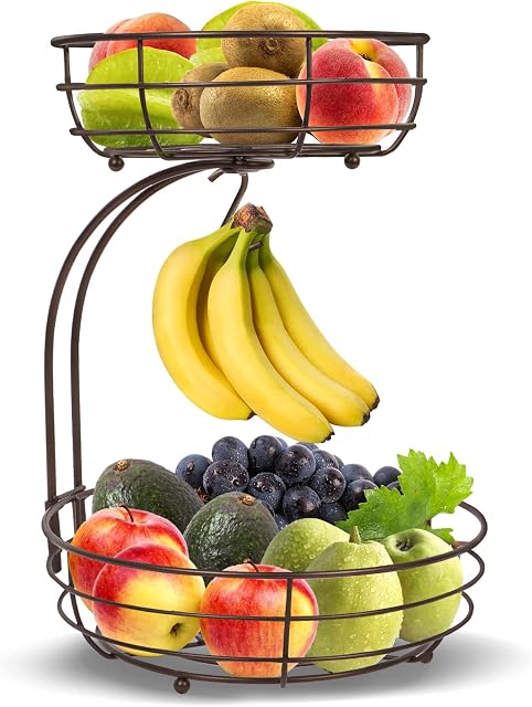 CLTYQ 2-Tier Fruit Vegetables Basket Countertop Kitchen Rack Bowl Storage with Banana Hanger
