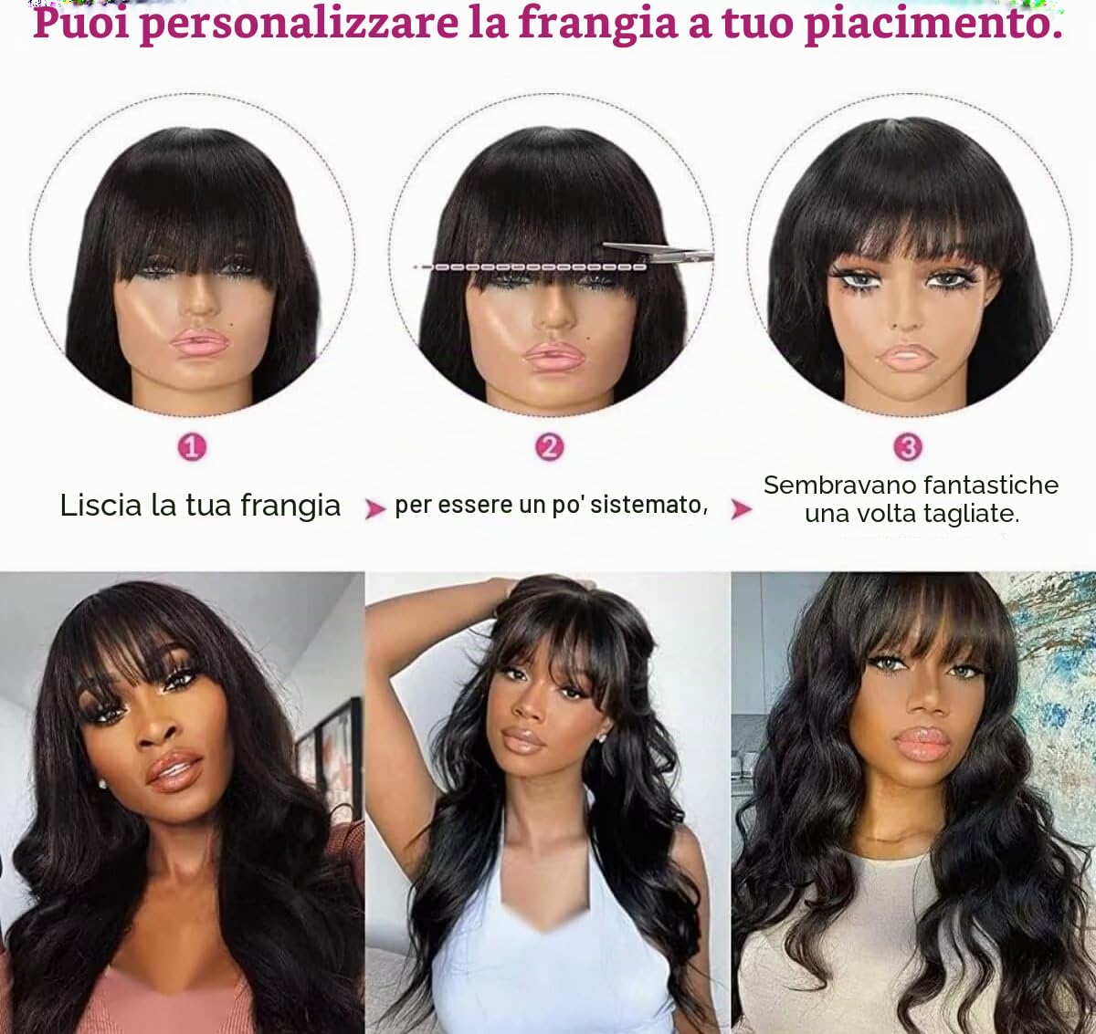 Parrucca da donna brasiliana naturale del corpo dell'onda umano dei capelli con frangetta 22 pollici parrucca senza colla capelli umani con frangia senza pizzo parrucca brasiliana con frangia senza