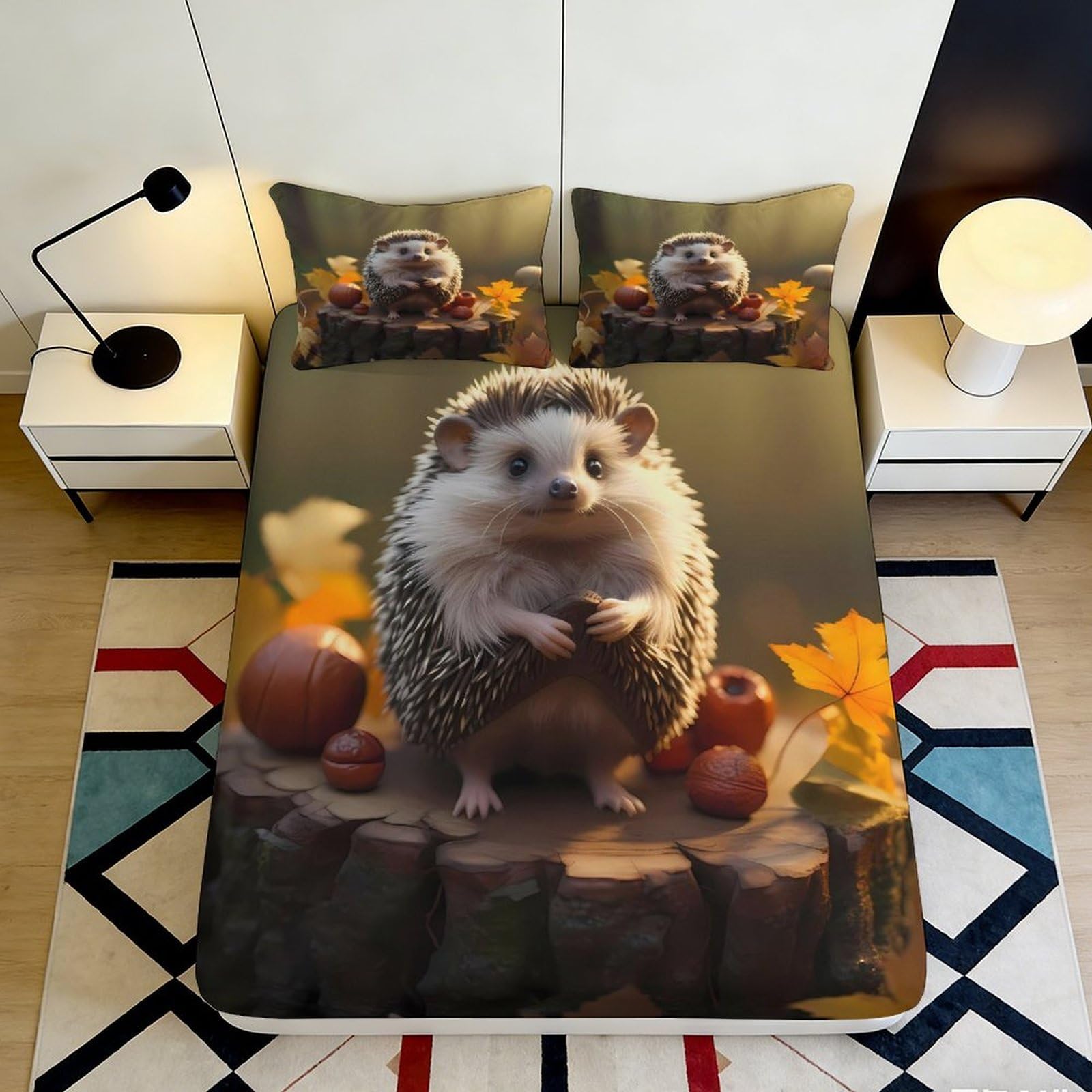 3D Printed Cute Hedgehog Fitted Sheet Microfiber Soft Breathable Autumn Leaves Bed Cover for Bedroom Dormitory Guest Room Mattress Protection 160x200x25cm