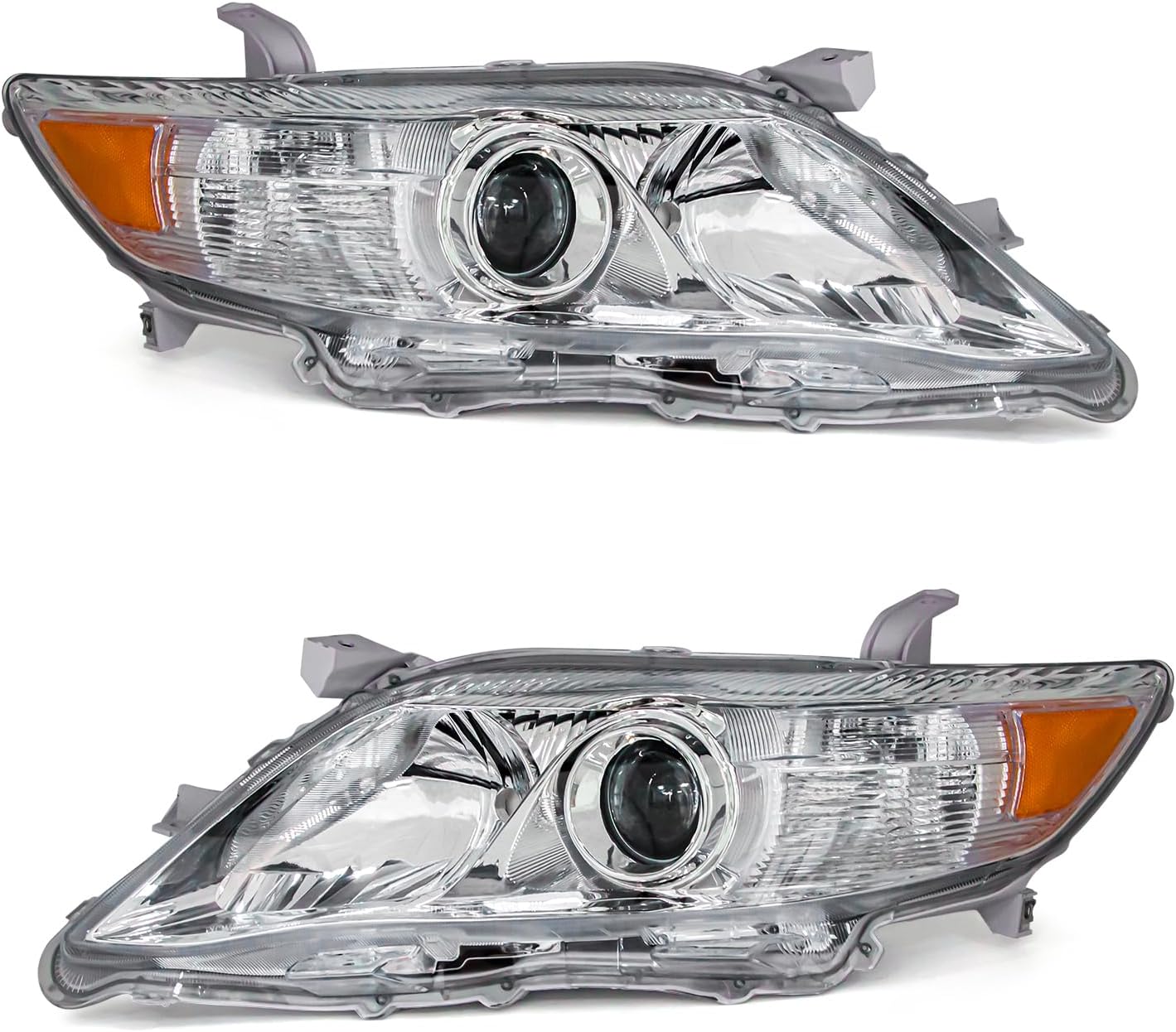 Compatible with 2010 2011 Toyota Camry Headlights Chrome Housing Amber Reflector Clear Lens Driver and Passenger Side（W/O Bulbs）