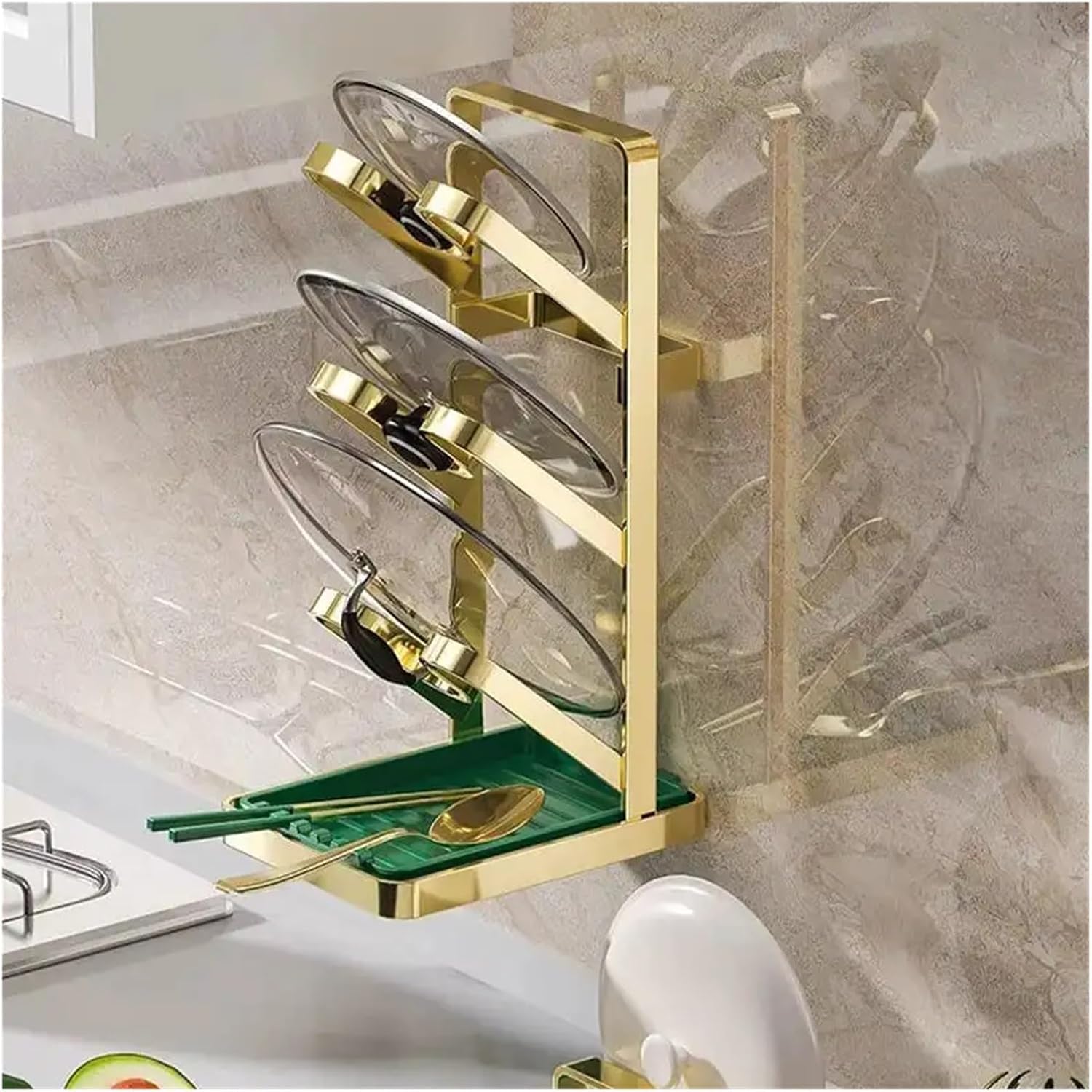Kitchen Organizer Rack Pot Cover 3-Layer Lid Metal Rust-Free Multifunctional Storage With Drain Tray(Gold)