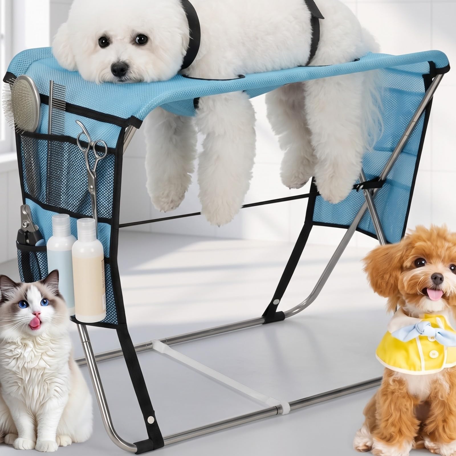 Gralara Mesa Baño para Mascotas con Correas | Portátil, Mesa Aseo para Perros, Ajustable, Mueble, Casa