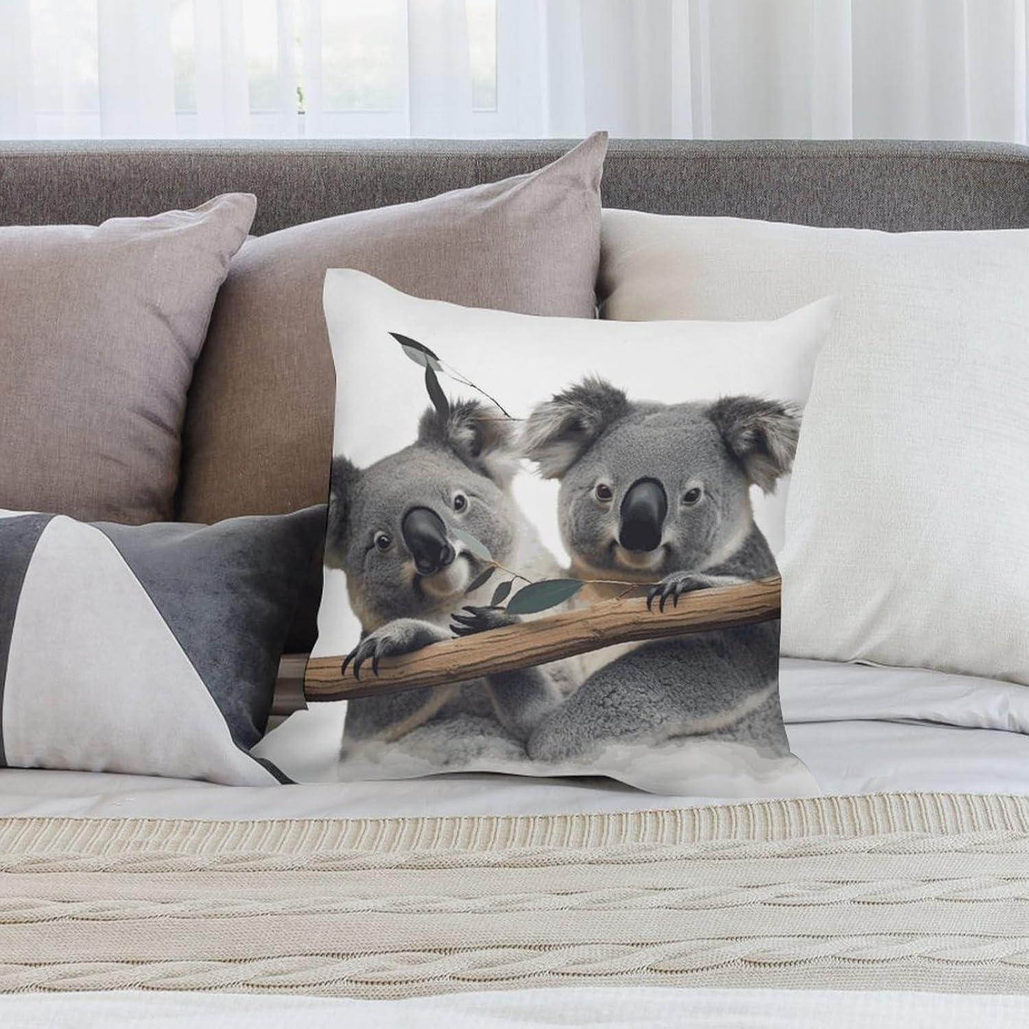 Zippered Pillow Cover, Pillow Protector, Funny Koalas Printed Pillow Cover of 4, Pillow Not Included