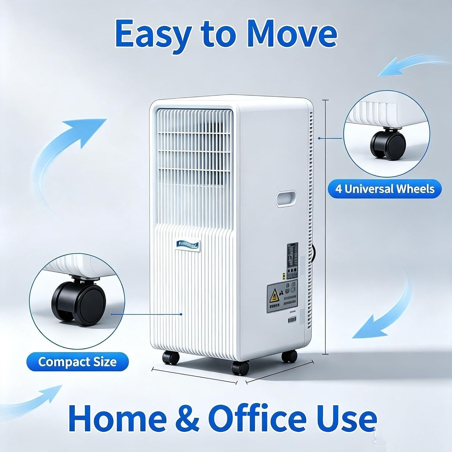 Condizionatore d'Aria Portatile 9000 BTU con Telecomando, Timer 24H, modalità Notte, Kit Finestra, 2 velocità, 3 modalità per casa e Ufficio, 14000 BTU, 14000 BTU