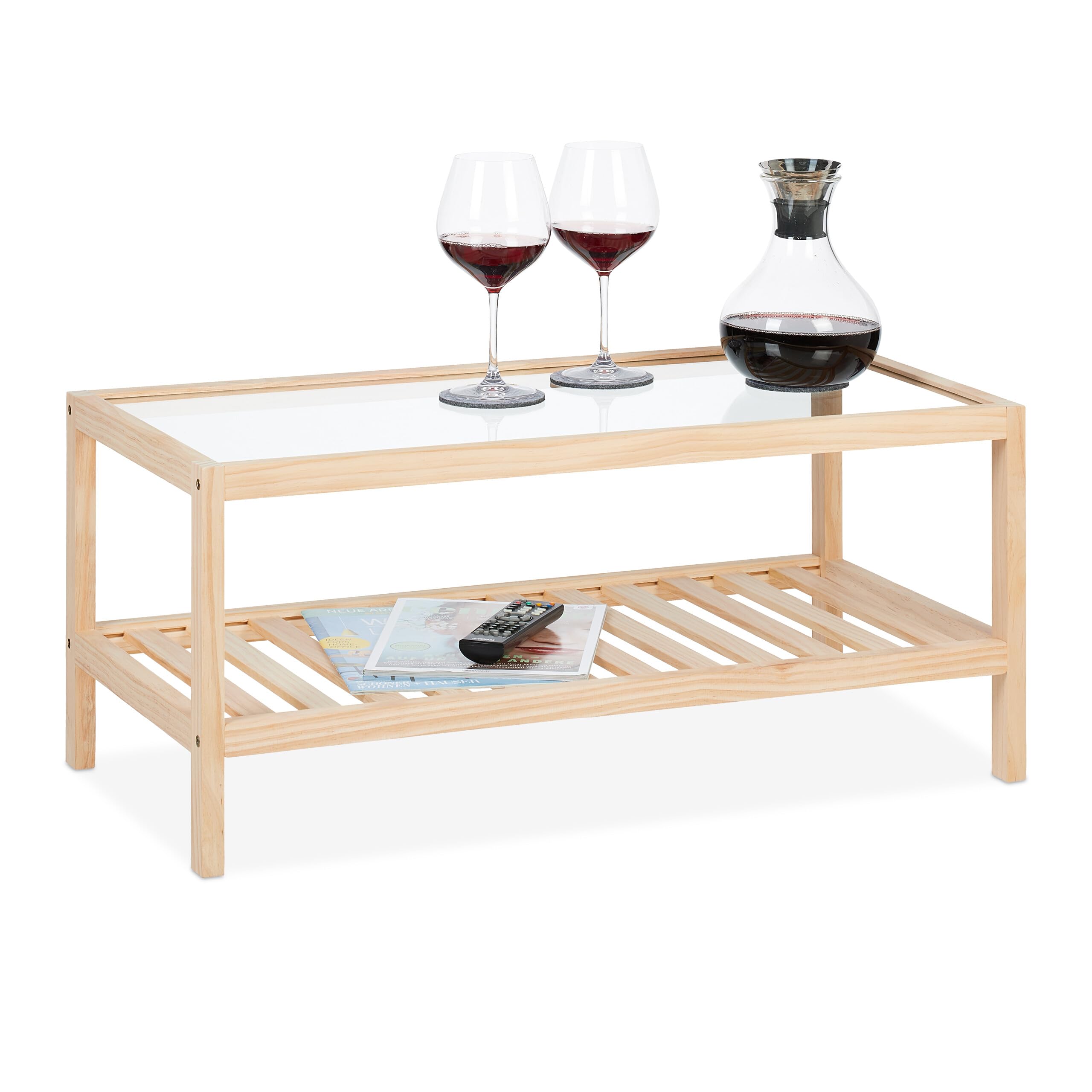Relaxdays Couchtisch mit Glasplatte Mesa de Centro con Tablero Cristal, Mesita Sofá con Estante, Madera de Pino, Salón, 35x80x40 cm, Natural, 35x40x40 cm